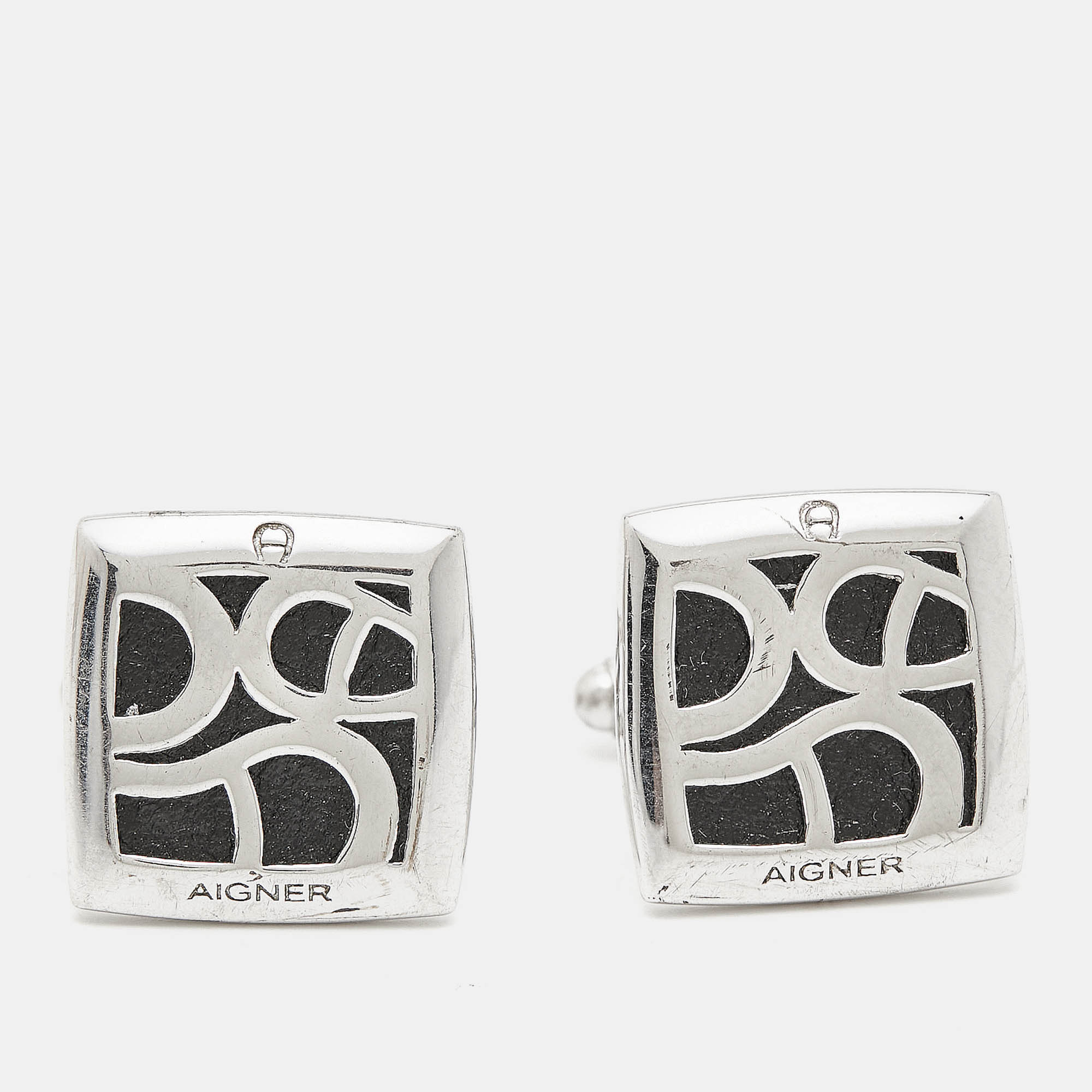 

Aigner Logo Leather Silver Tone Cufflinks