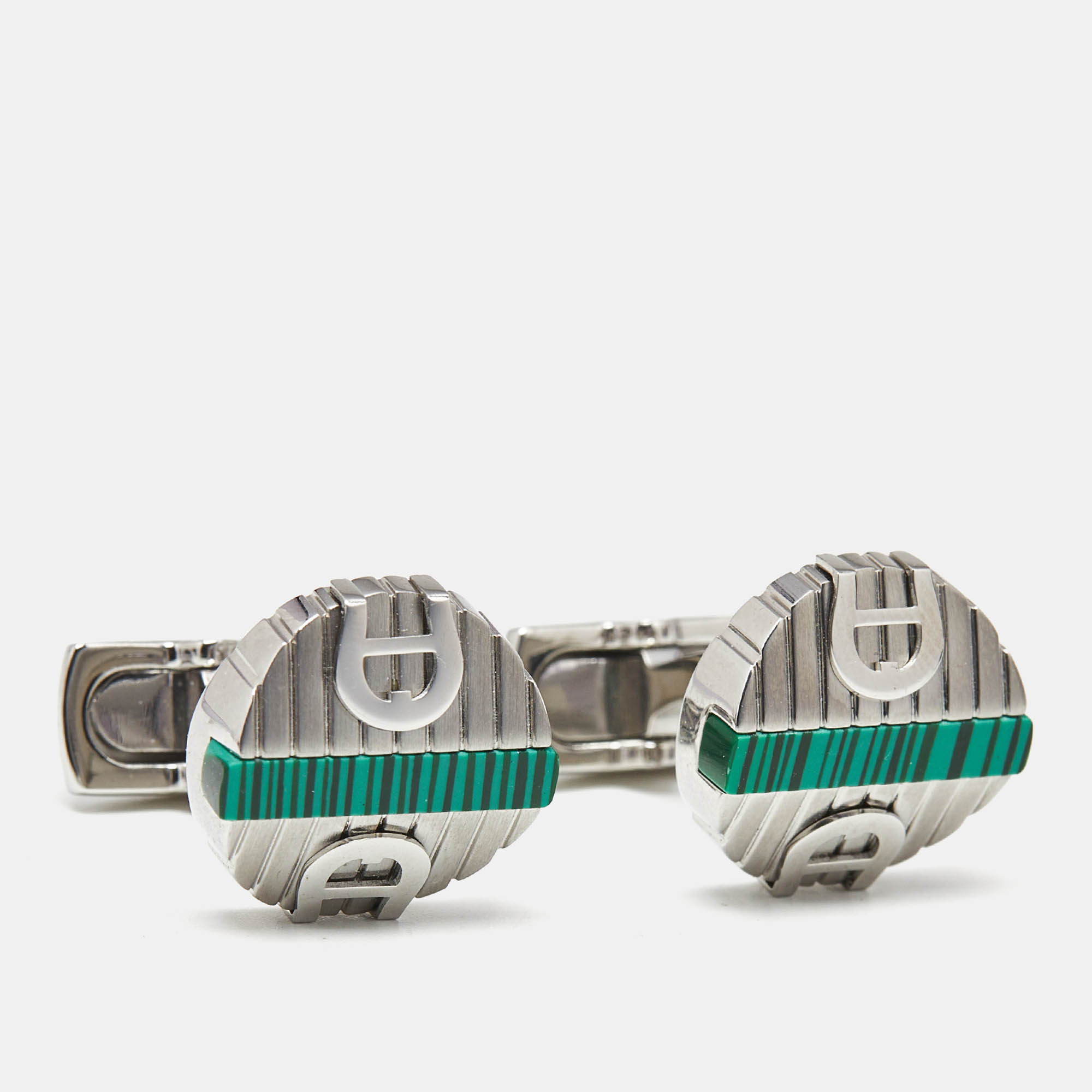 

Aigner Logo Green Inlay Textured Silver Tone Round Cufflinks