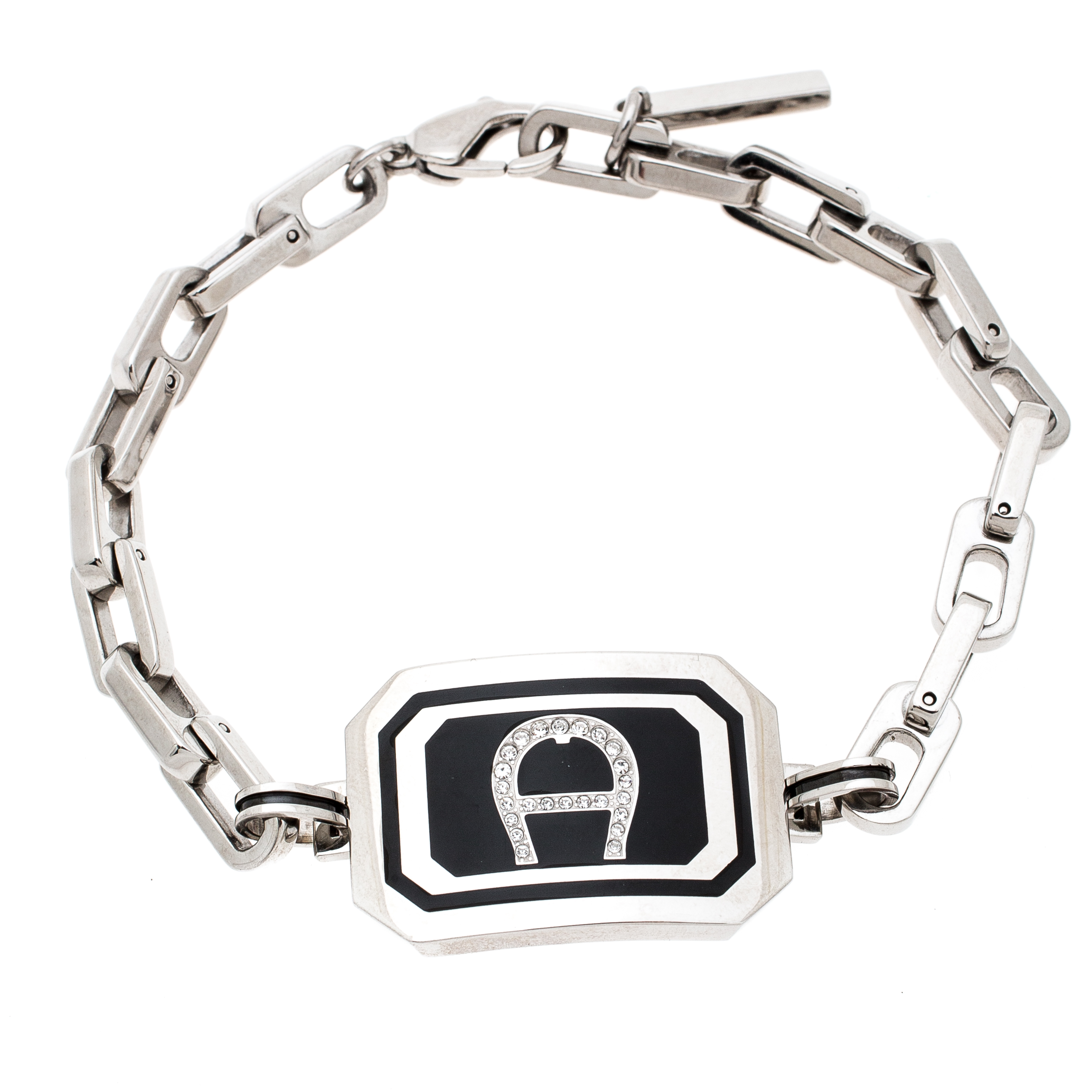 Pre Owned Aigner Black Enamel Crystal Studded Silver Tone Bracelet