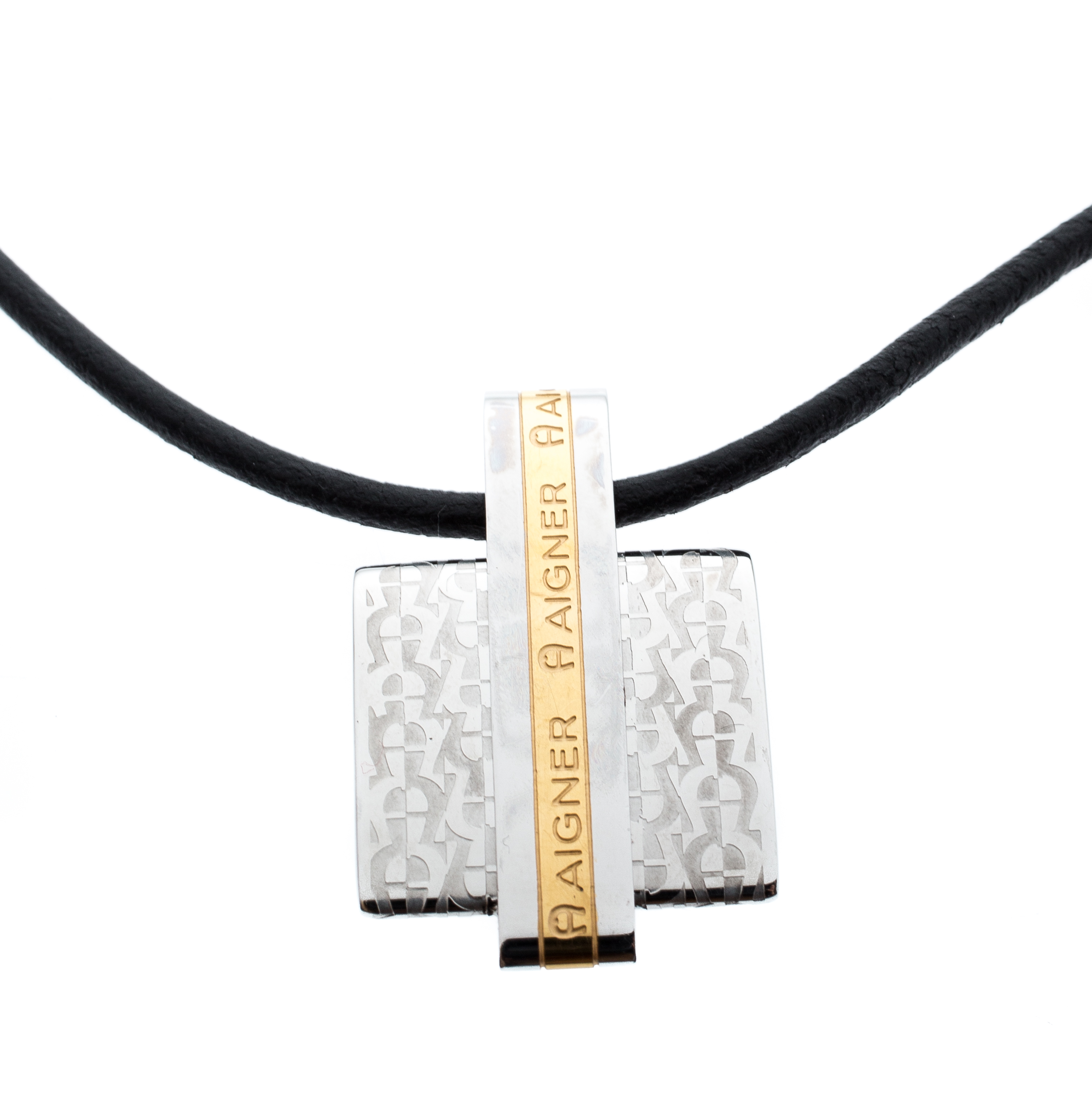 Pre Owned Aigner Two Tone Metal Logo Engraved Pendant Cord Necklace
