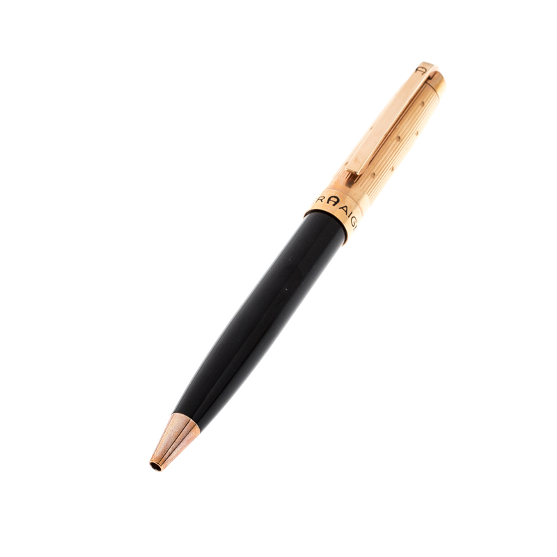 Pre Owned Aigner Black Resin Textured Rose Gold Tone Ballpoint Pen 