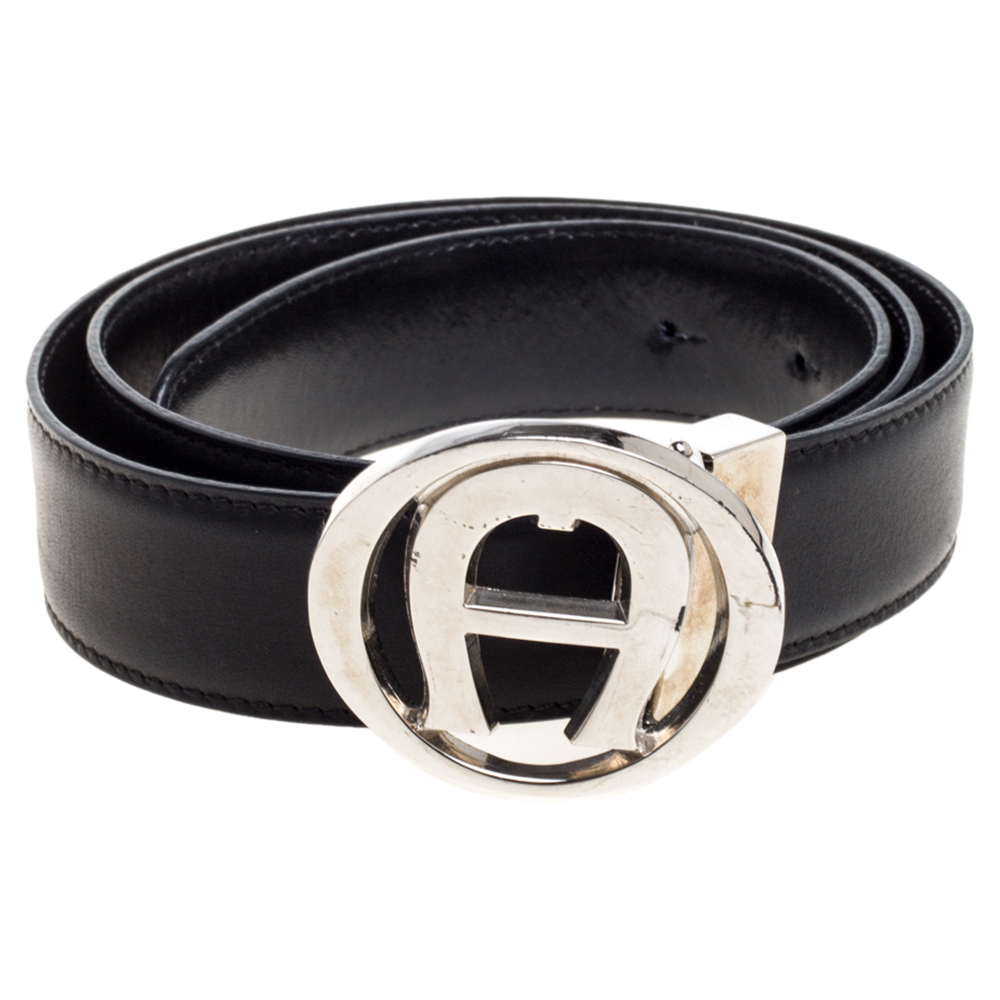 

Aigner Black Leather Logo Buckle Belt