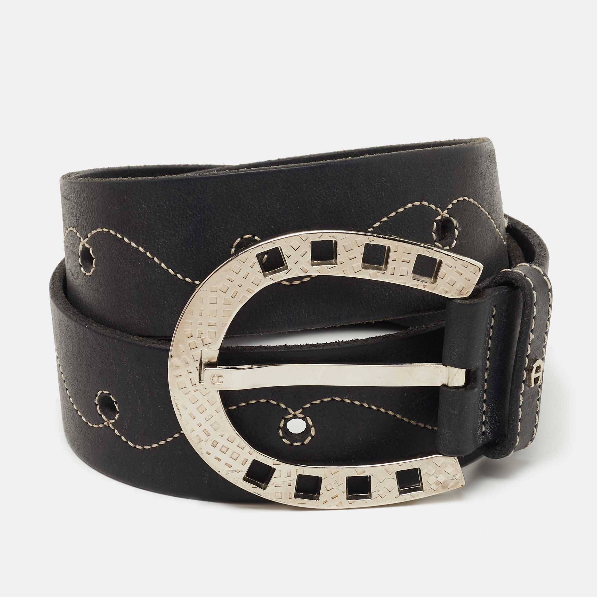 Pre-owned Aigner Black Leather Whipstitch Buckle Belt 85 Cm
