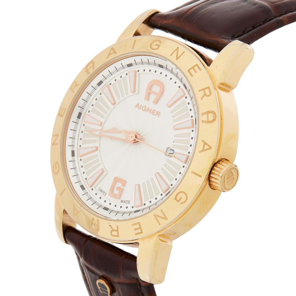 

Aigner Silver Gold Plated Stainless Steel Leather Cortina A26000 Men's Wristwatch