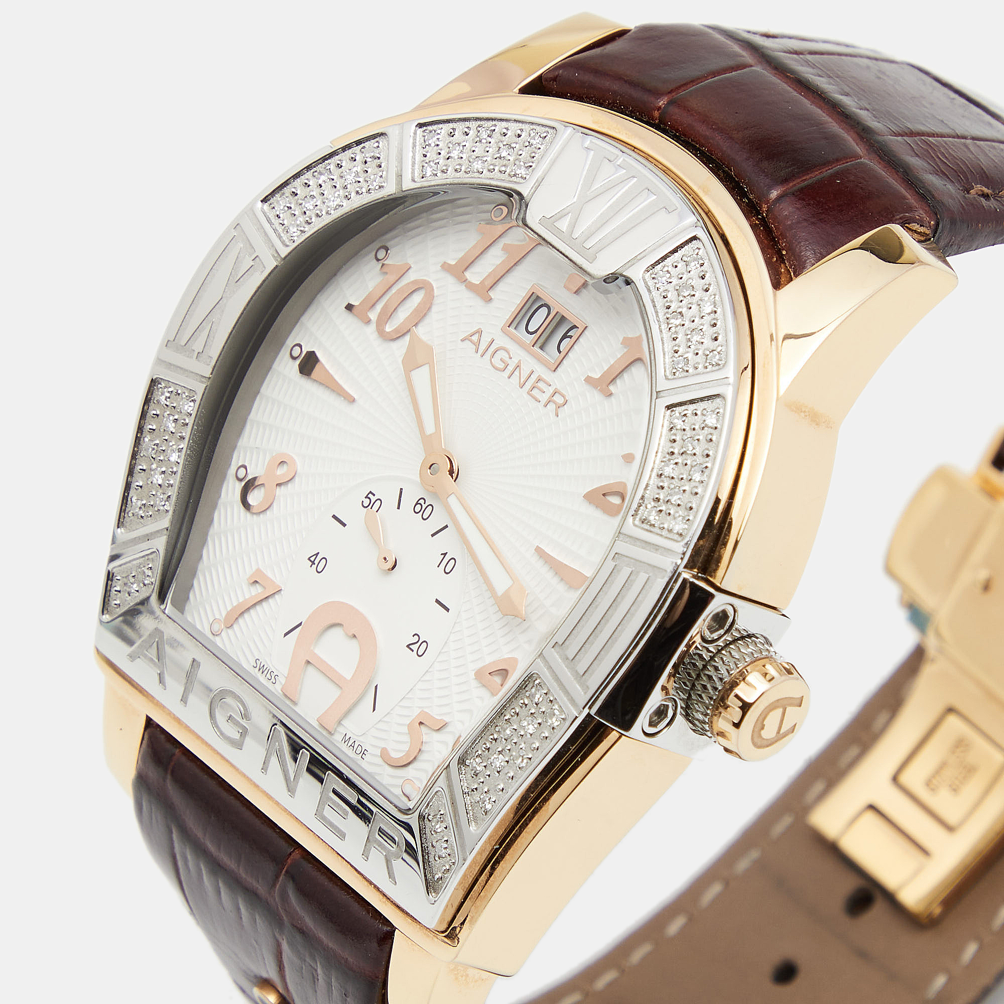 

Aigner White Two Tone Stainless Steel Embossed Leather Diamond Roma A38100 Men's Wristwatch, Brown