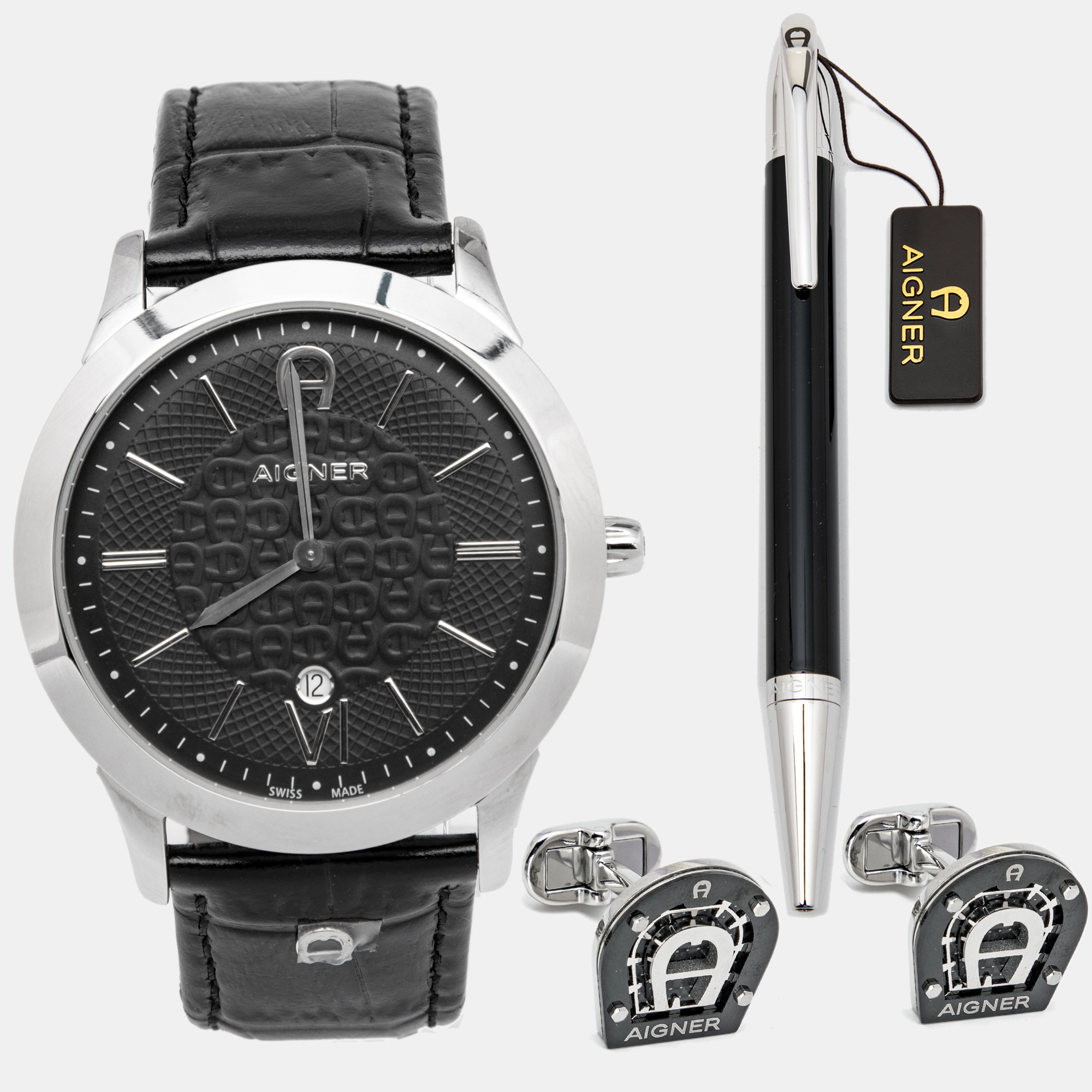 Pre-owned Aigner Black Stainless Steel Leather Treviso A44000 Men's Wristwatch 42 Mm Cufflinks And Pen Set In Silver