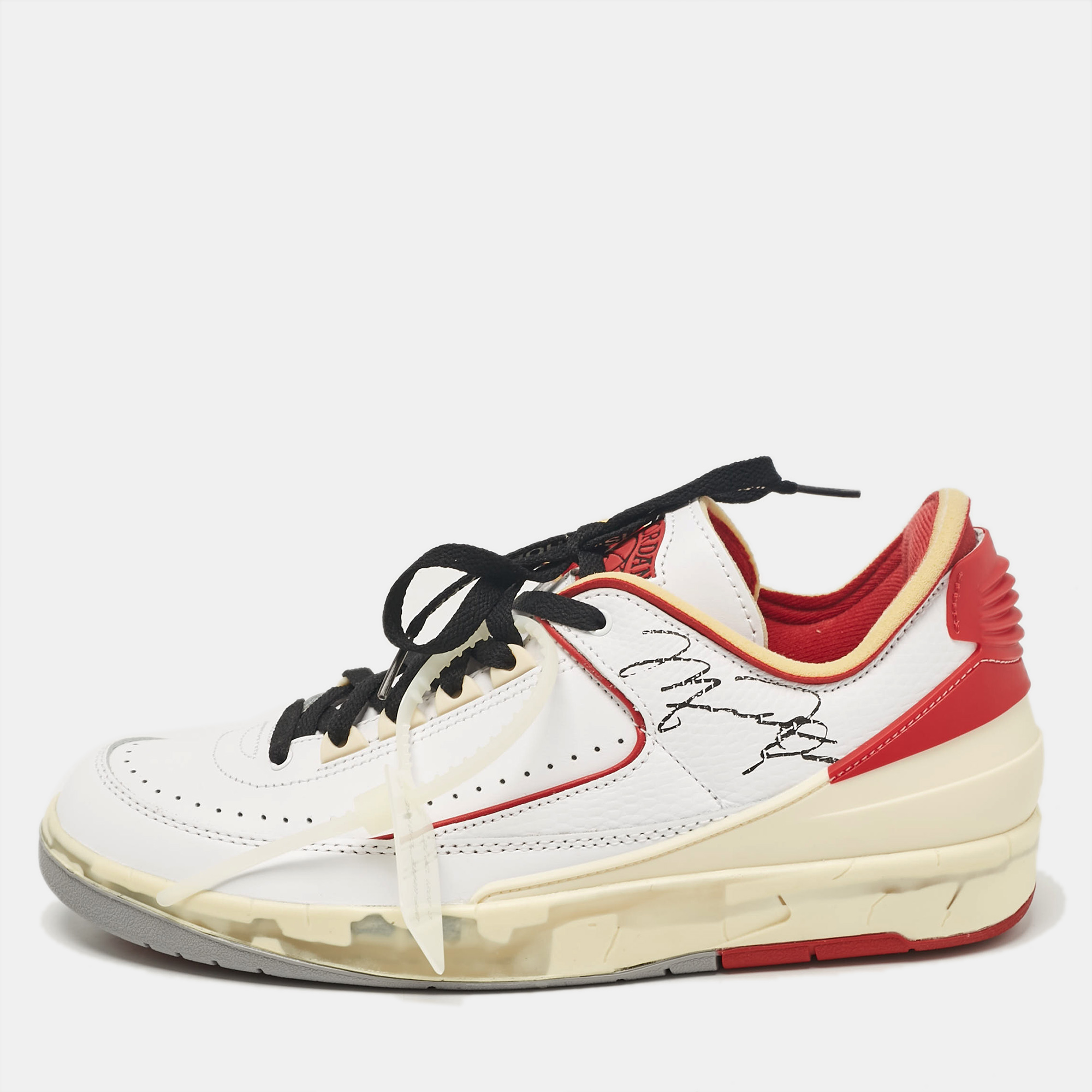 

Air Jordans x Off-White White/Red Leather Jordan 2 Retro Low SP Sneakers Size 43