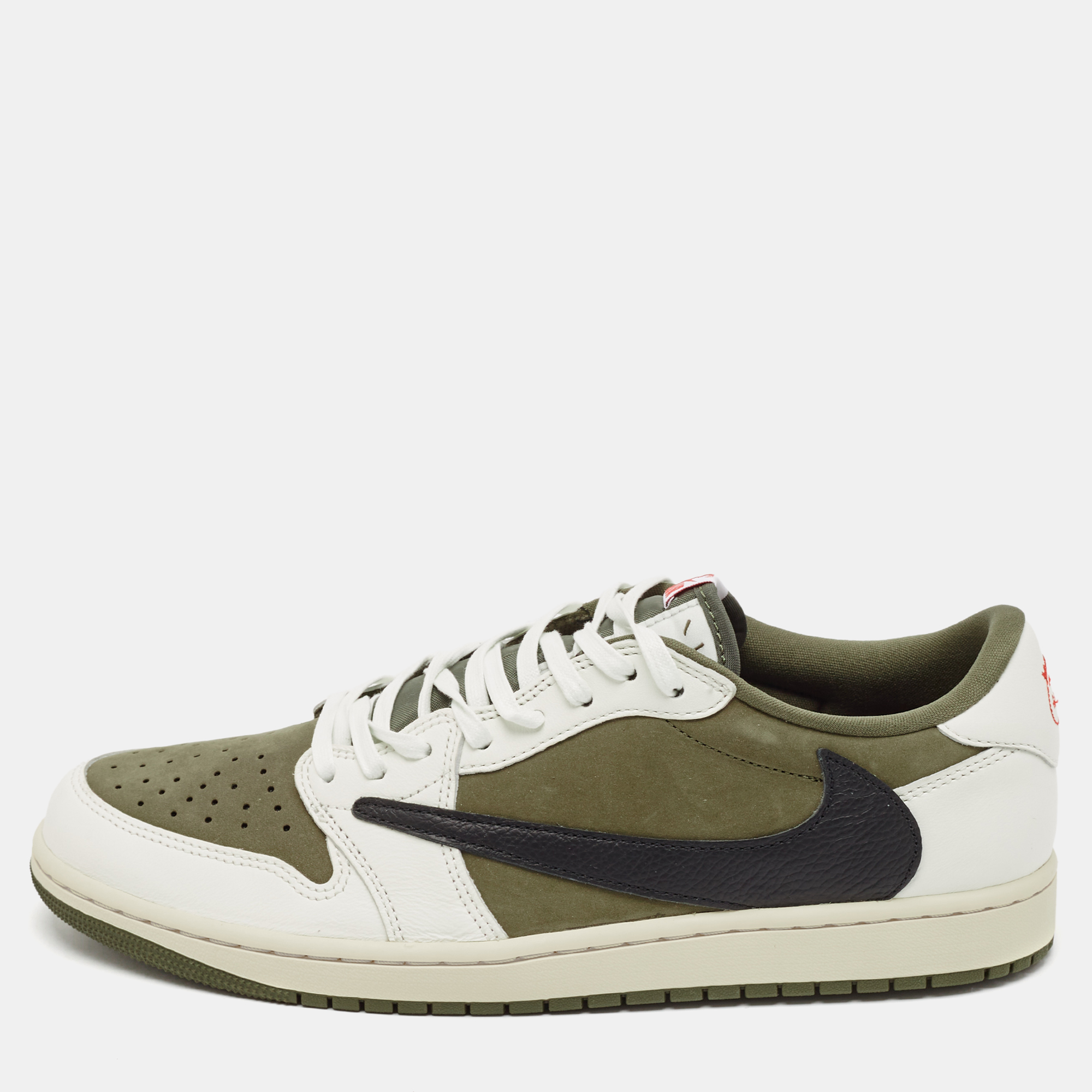 

Air Jordans Green/White Suede and Leather Jordan 1 Retro Low OG SP Travis Scott Medium Olive Sneakers Size 45.5