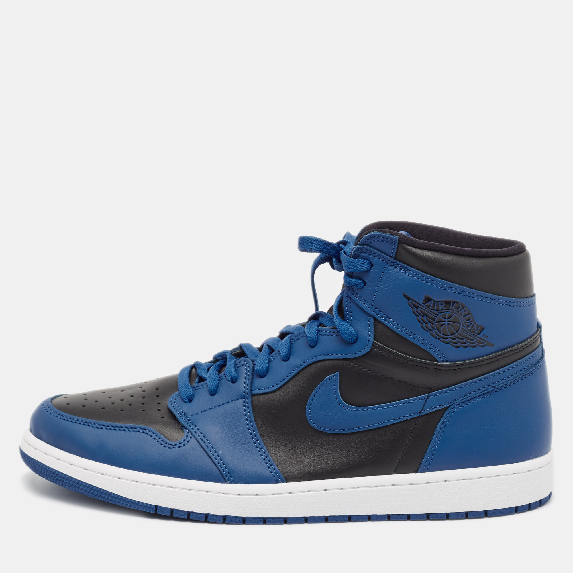 

Air Jordans Blue/Black Leather Jordan 1 Retro High OG Dark Marina Blue Sneakers Size 48.5