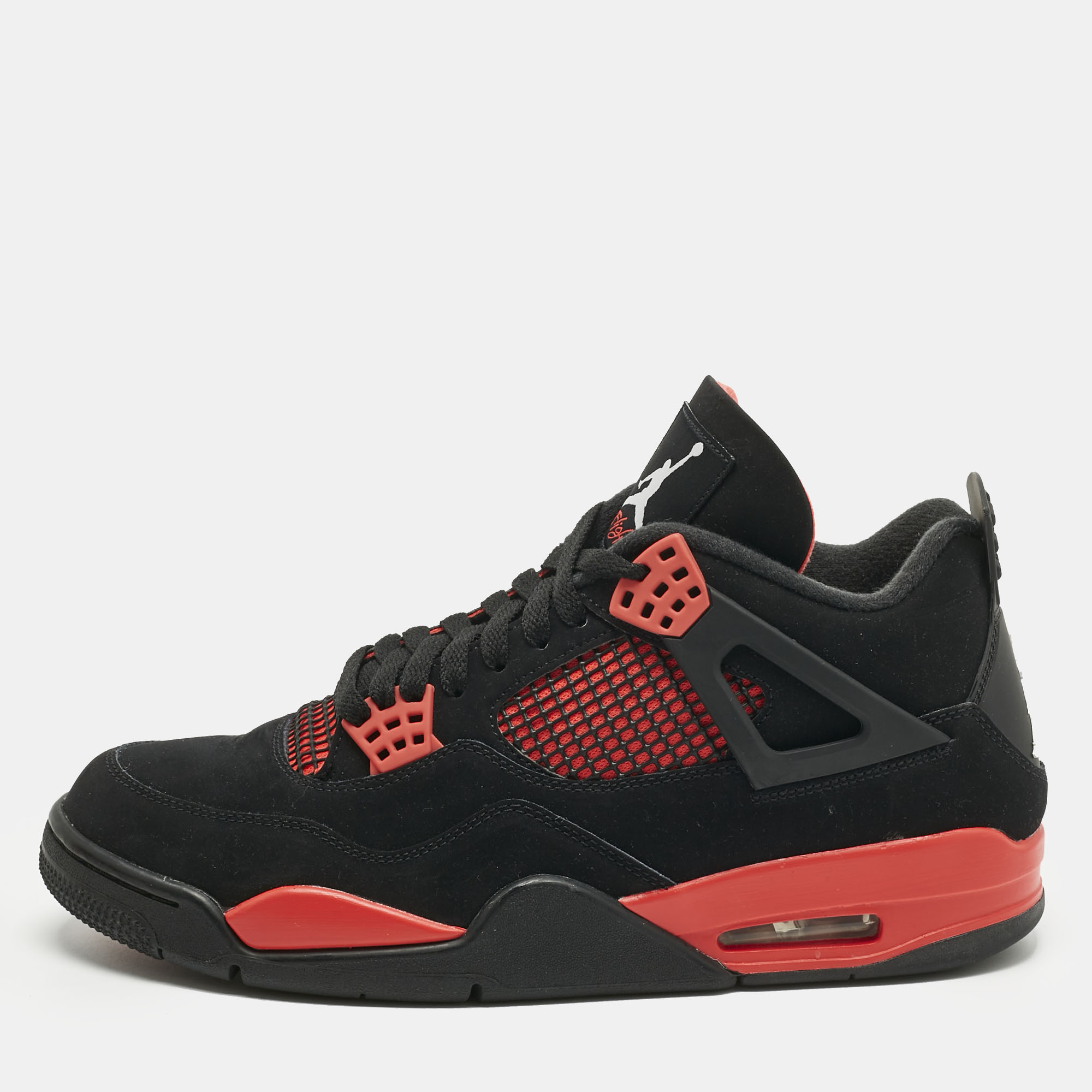 

Air Jordans Black Durabuck Leather Jordan 4 Retro Red Thunder Sneakers Size 45.5