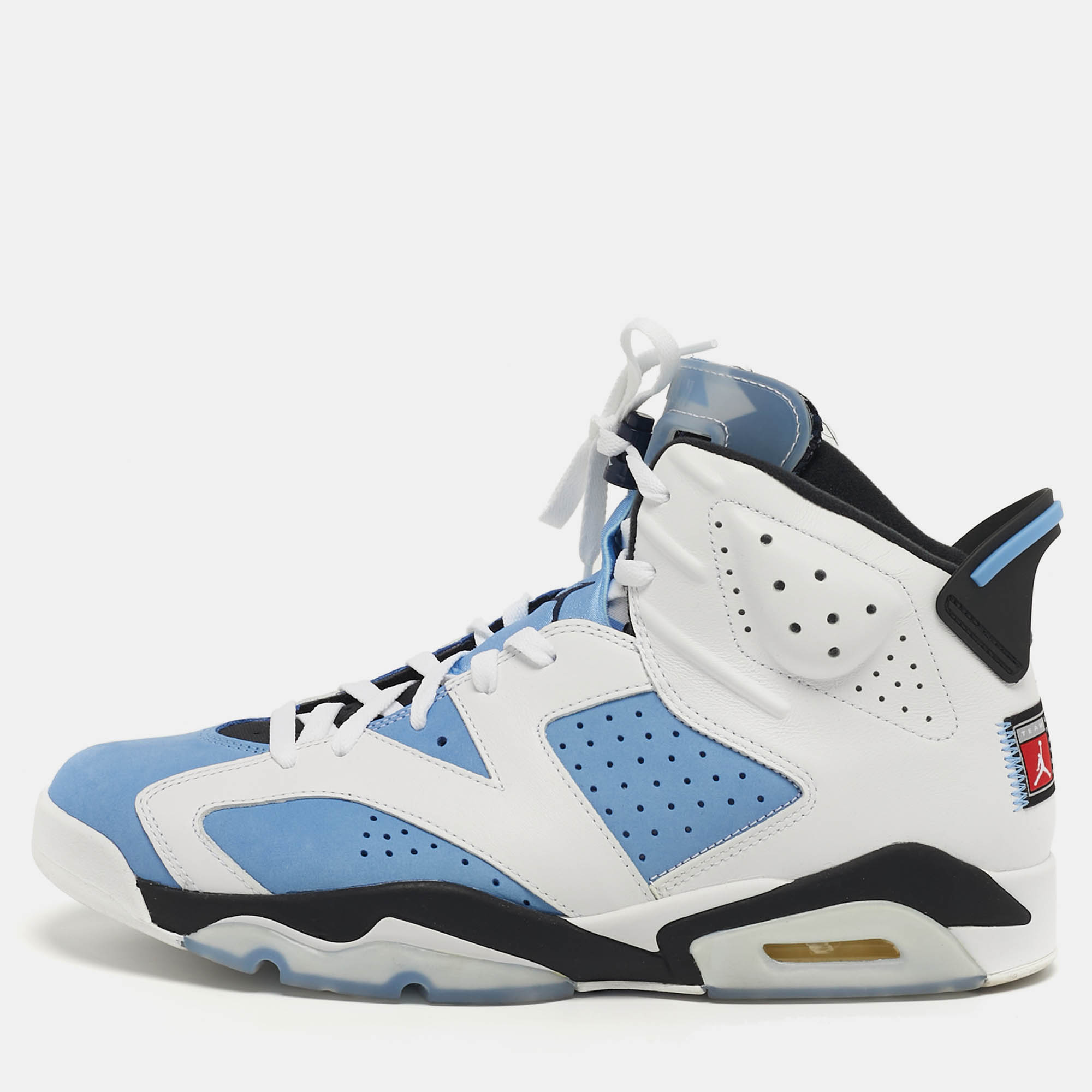 

Air Jordans Jordan 6 UNC Size  White/Blue Leather and Suede High Top Sneakers