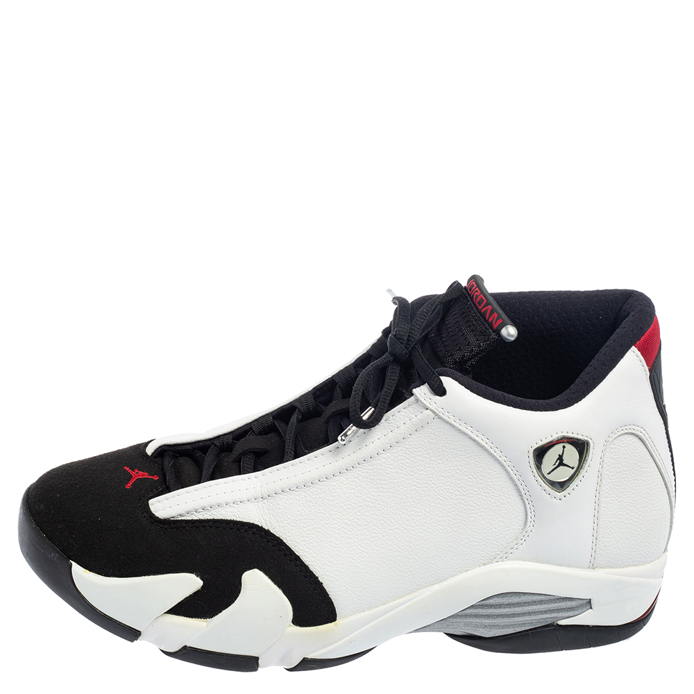 

Air Jordan White/Black Leather and Suede Black Toe Jordan 14 Retro Sneakers Size