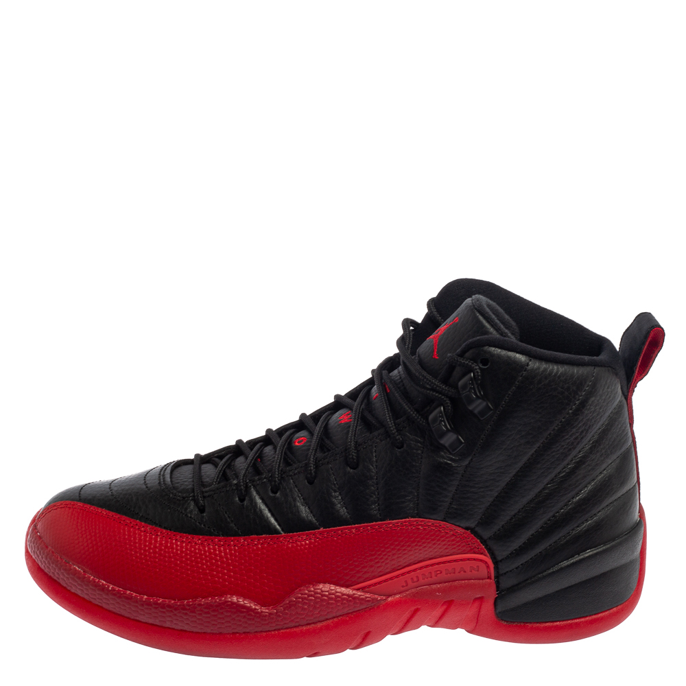 

Air Jordan Black/Varsity Red Leather Flu Game Jordan 12 Retro Sneakers Size