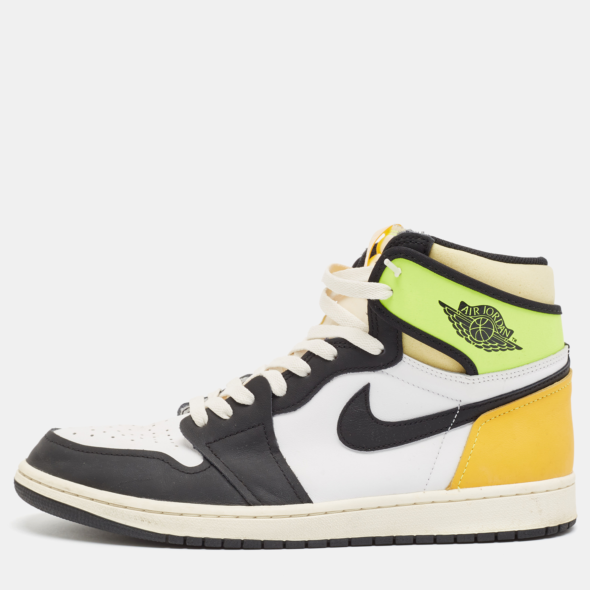 

Air Jordans Multicolor Leather Jordan 1 Retro High White Black Volt University Gold Sneakers Size 45.5