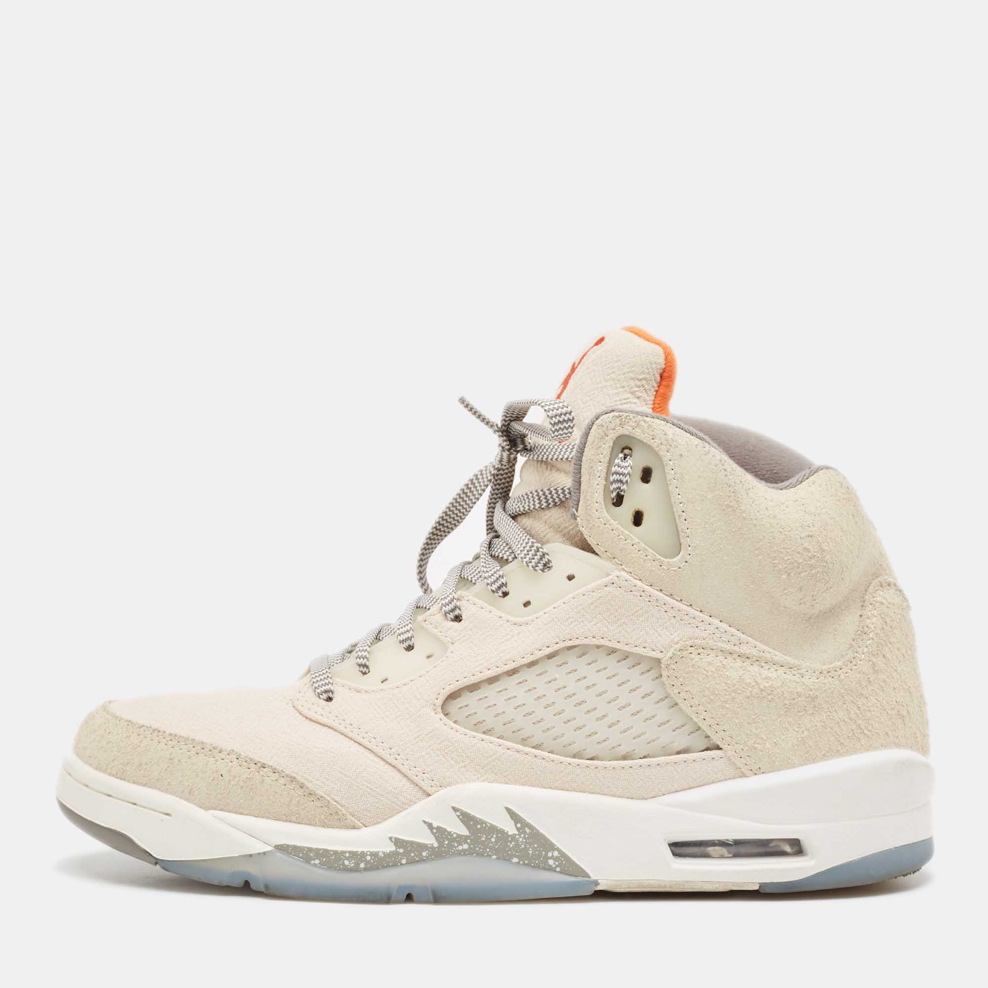 

Air Jordans Cream Nubuck Leather and Suede Jordan 5 High Top Sneakers Size