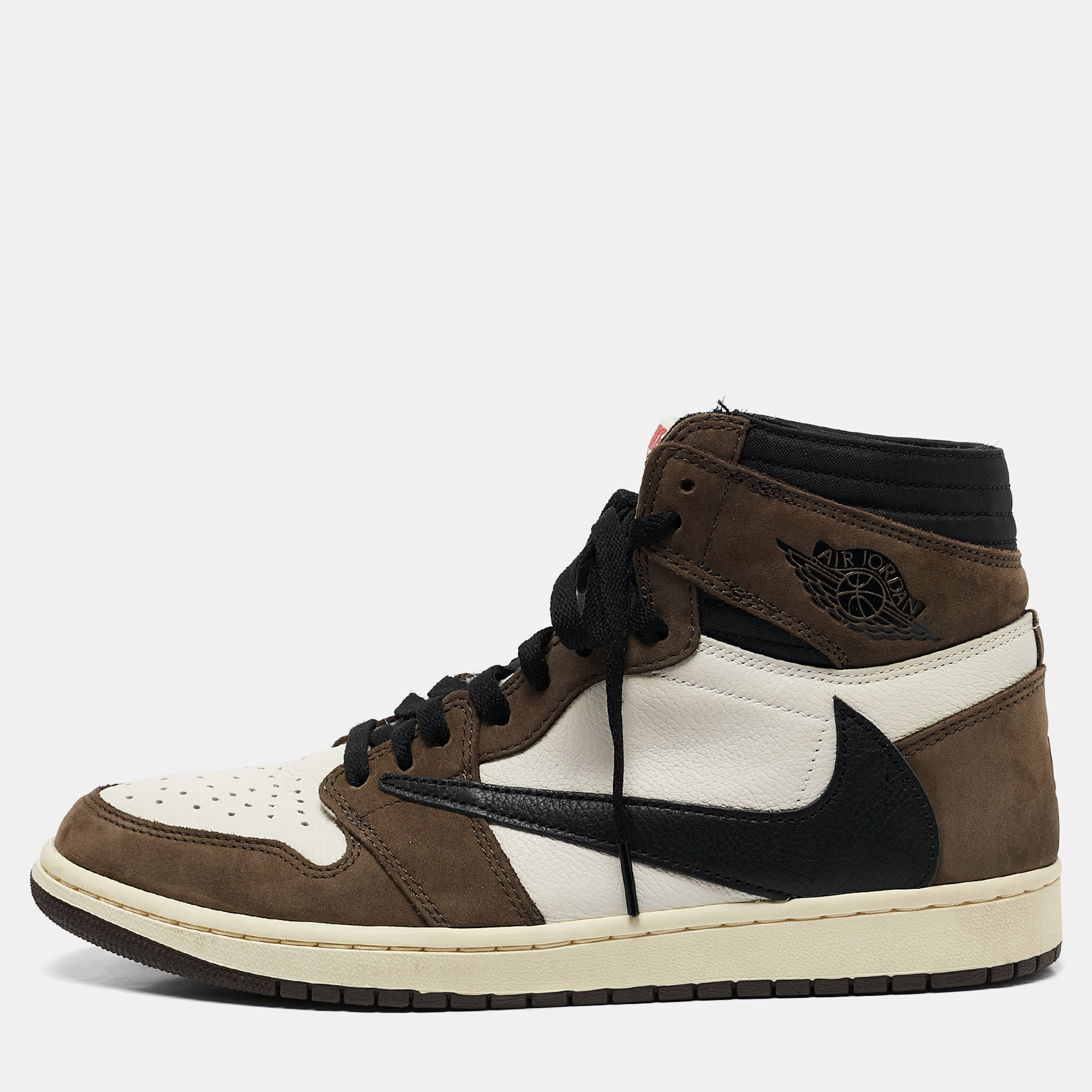 

Air Jordans White/Brown Leather and Suede Jordan 1 Retro High OG SP Travis Scott Mocha Sneakers Size 44.5