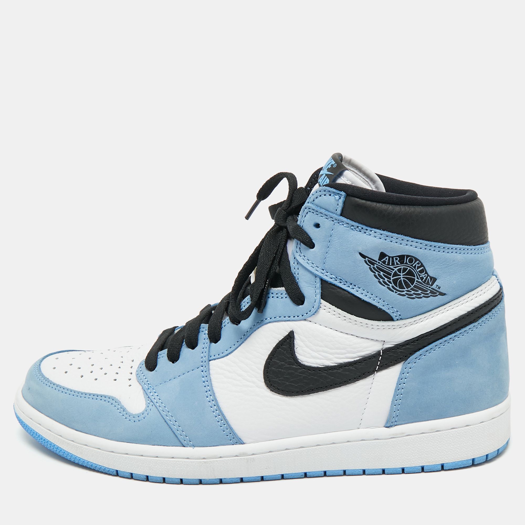

Air Jordans Blue/White Suede and Leather Jordan 1 Retro High OG University Blue Sneakers Size 46