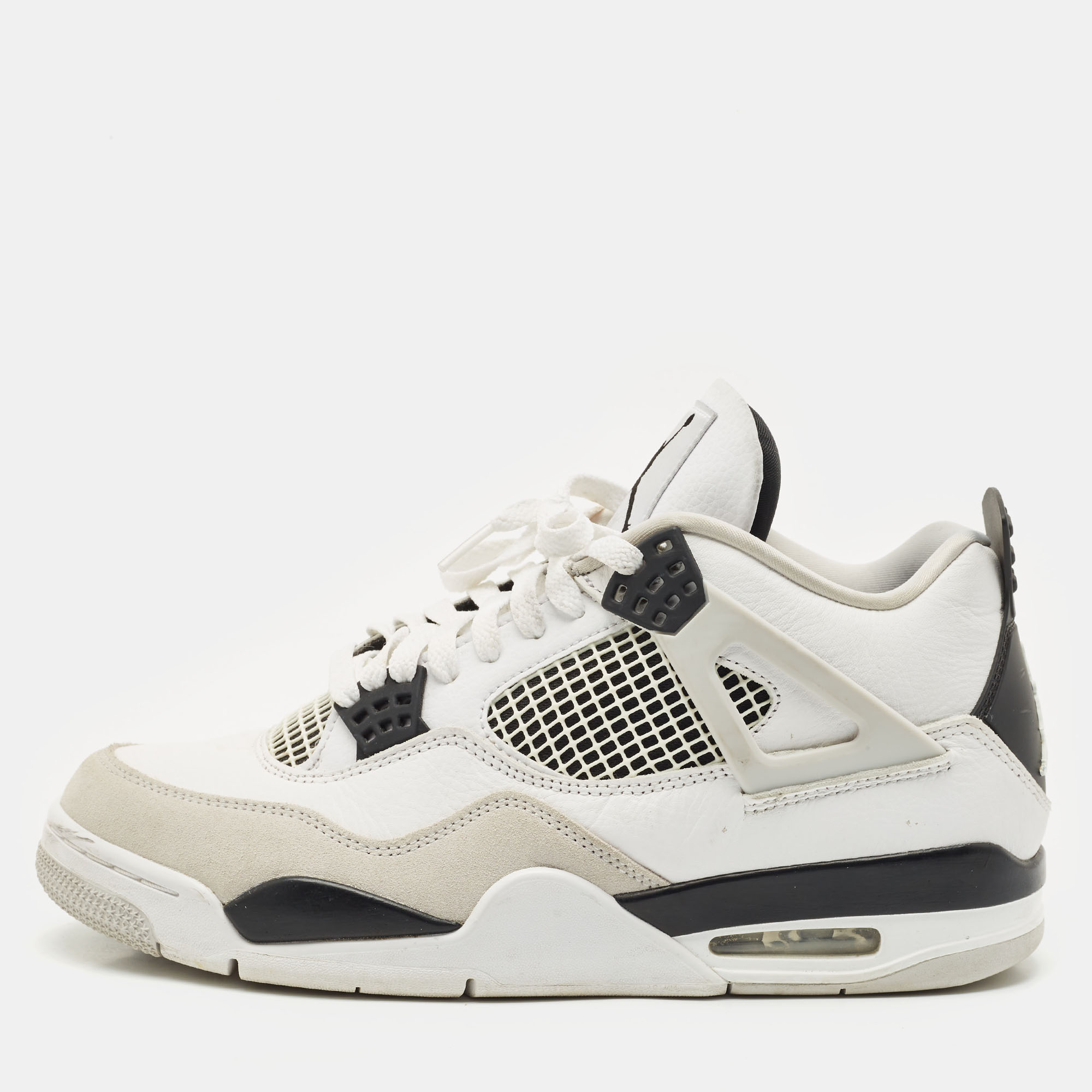 

Air Jordans White/Black Leather and Suede Jordan 4 Retro Military Black Sneakers Size