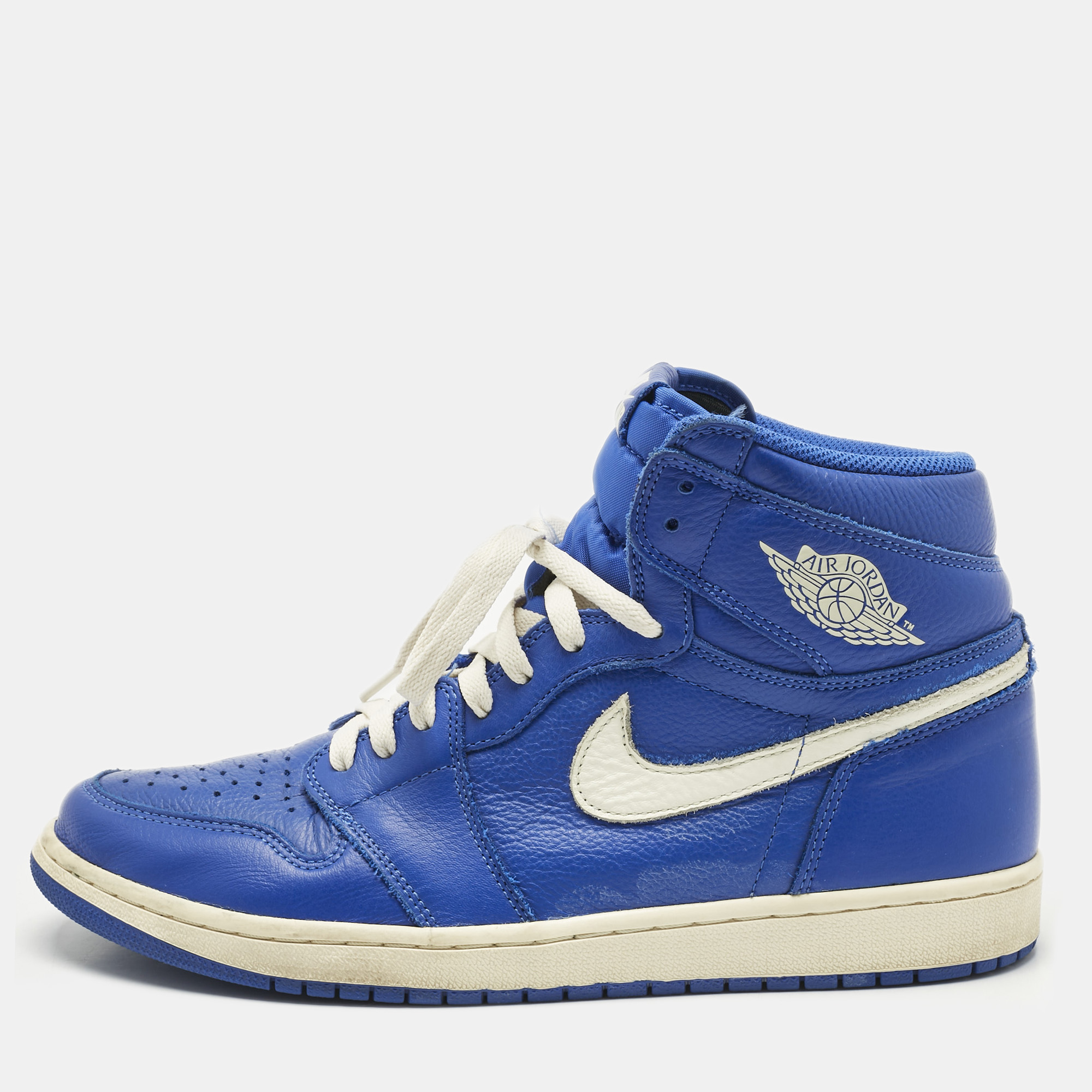 Air Jordans Blue/White Leather Jordan 1 Retro High Hyper Royal Sneakers Size 45
