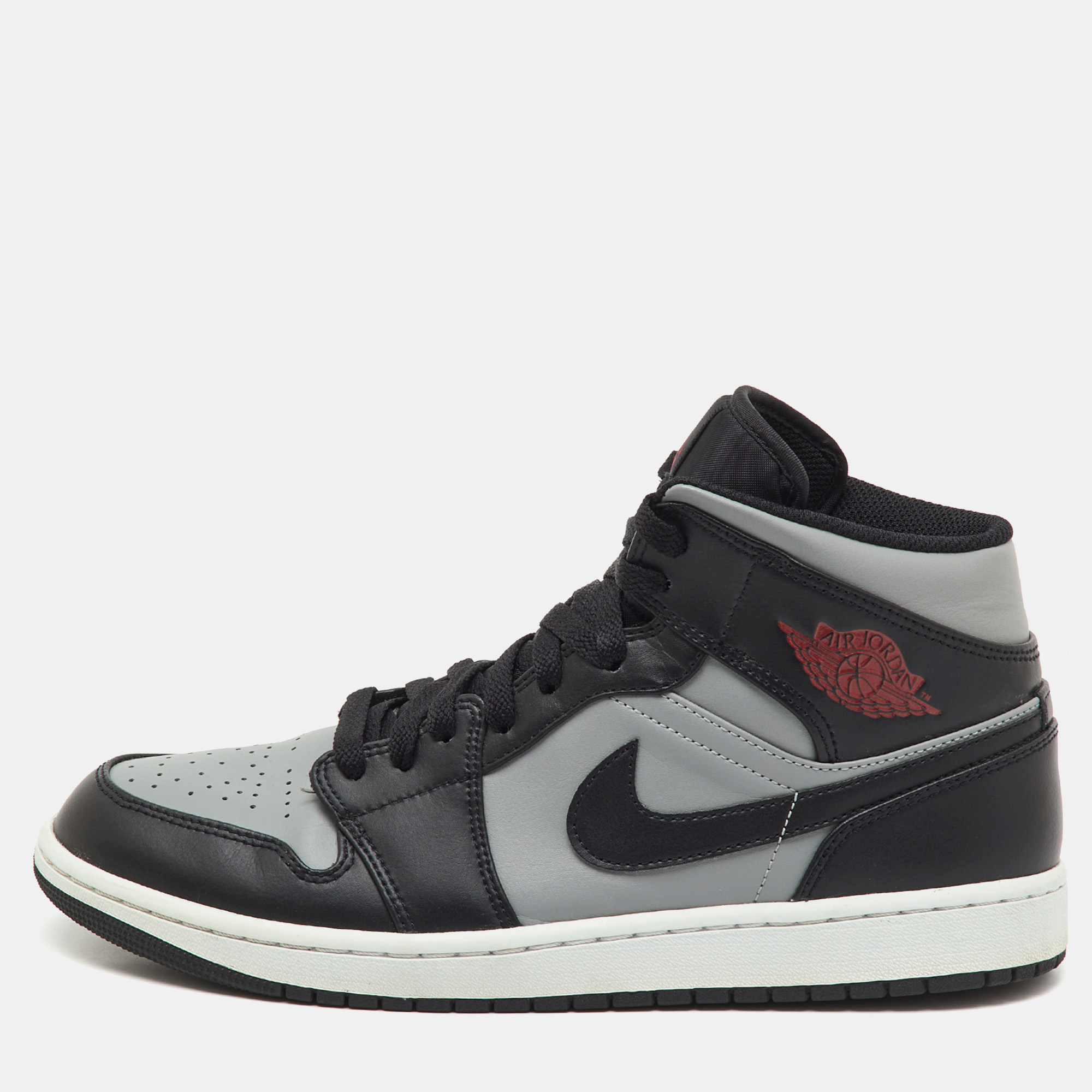 

Air Jordans Black/Grey Leather Jordan 1 Mid Shadow Red Sneakers Size 45