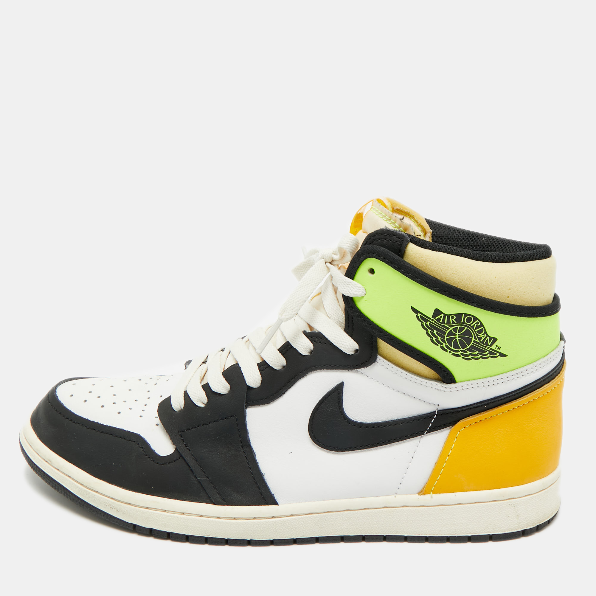 

Air Jordans Multicolor Leather Jordan 1 Retro High White Black Volt University Gold Sneakers Size 45.5