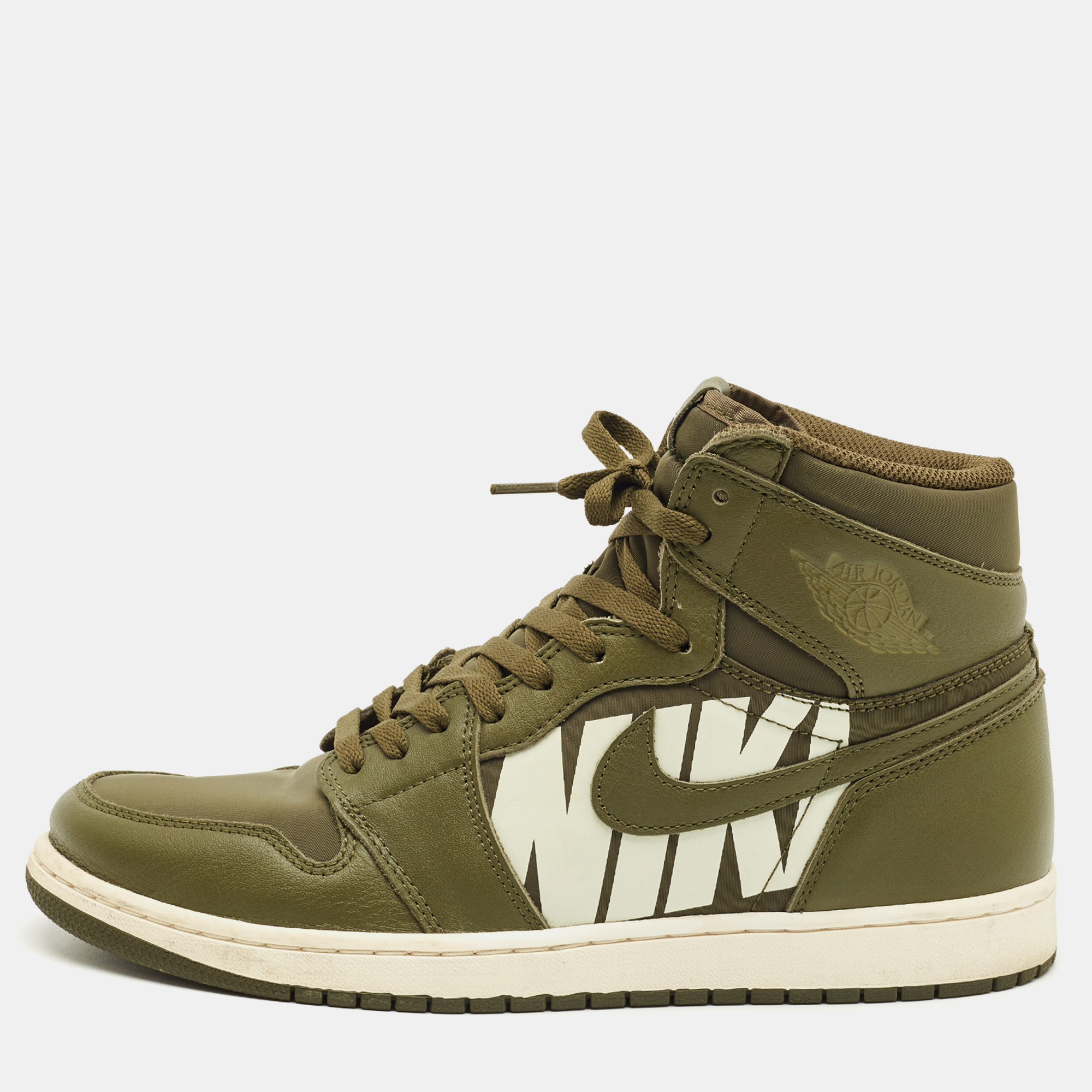 

Air Jordans Green Leather and Canvas Jordan 1 Retro High Olive Sneakers Size 45.5