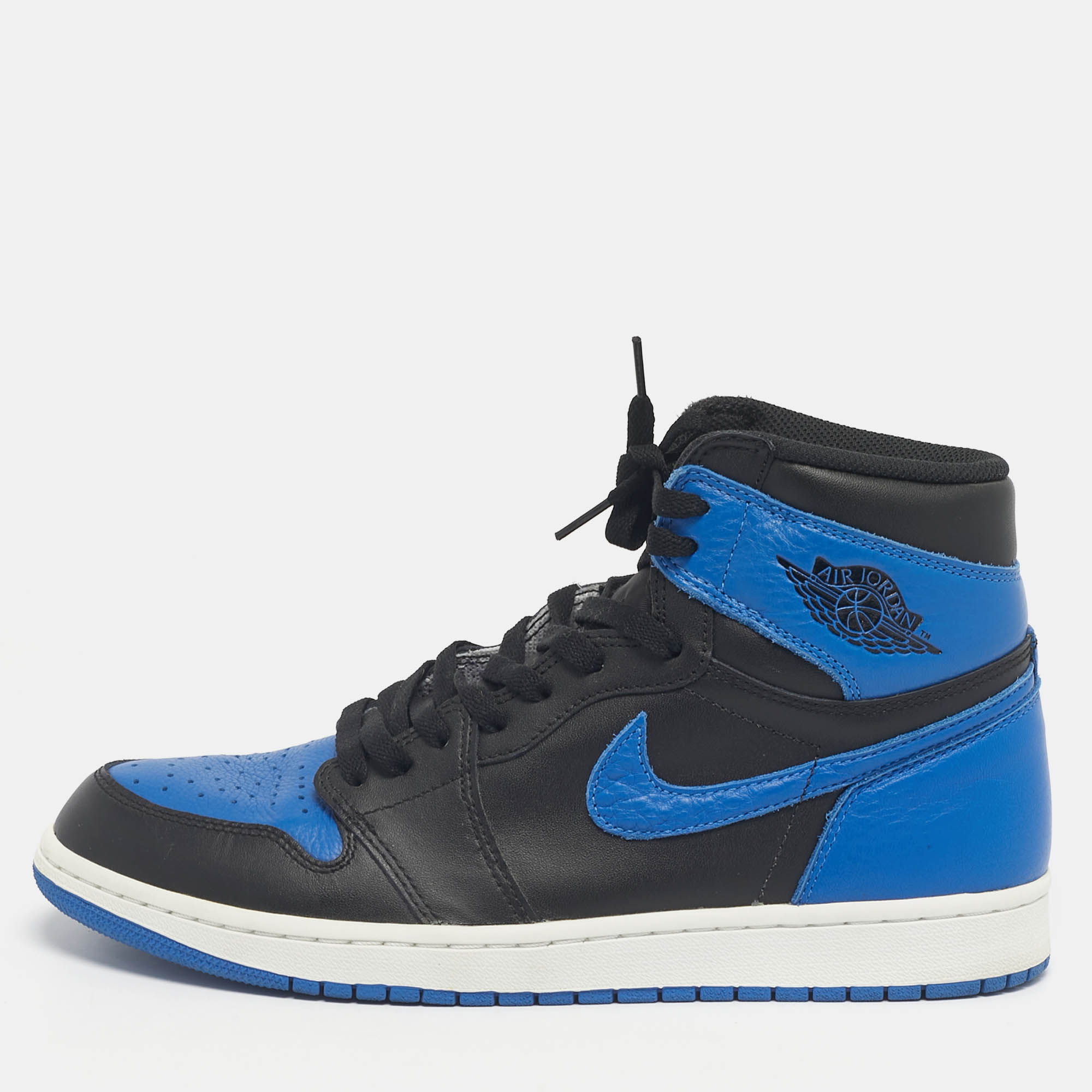 

Air Jordans Black/Blue Leather Jordan 1 Retro Royal Sneakers Size 45