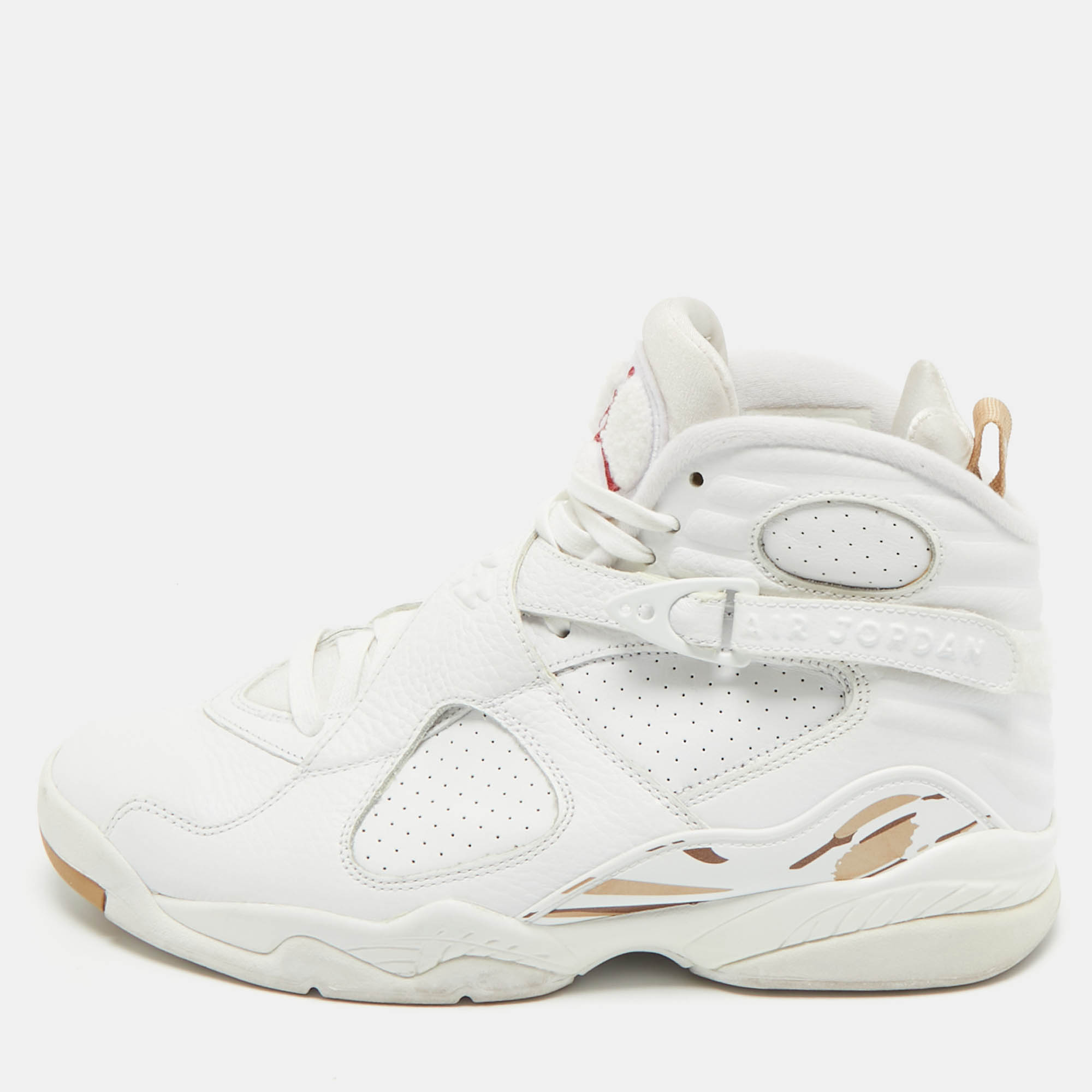 

Air Jordans White Leather and Satin Jordan 8 High Top Sneakers Size