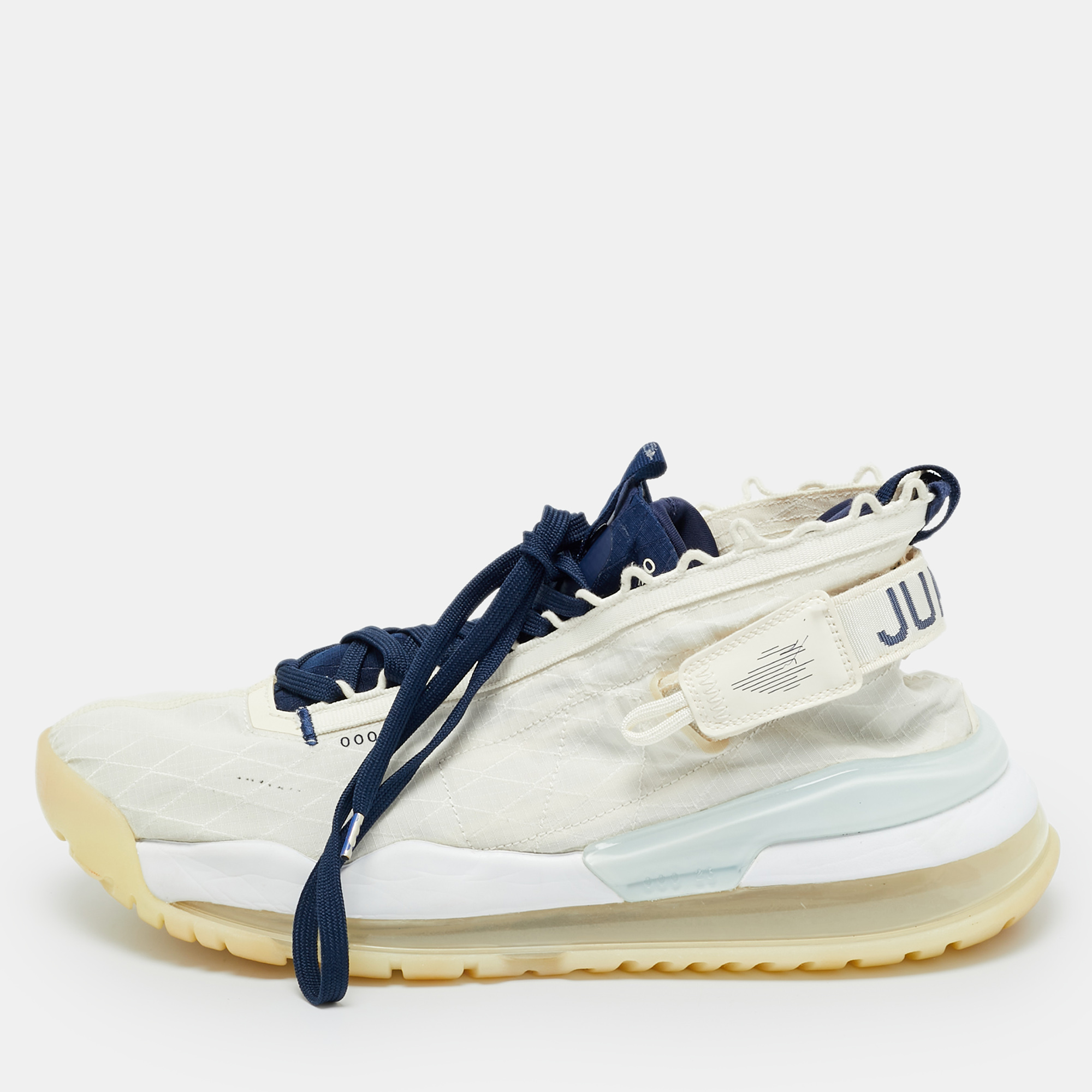 

Air Jordans White/Navy Blue Fabric Proto Max720 Pale Ivory High Top Sneakers Size