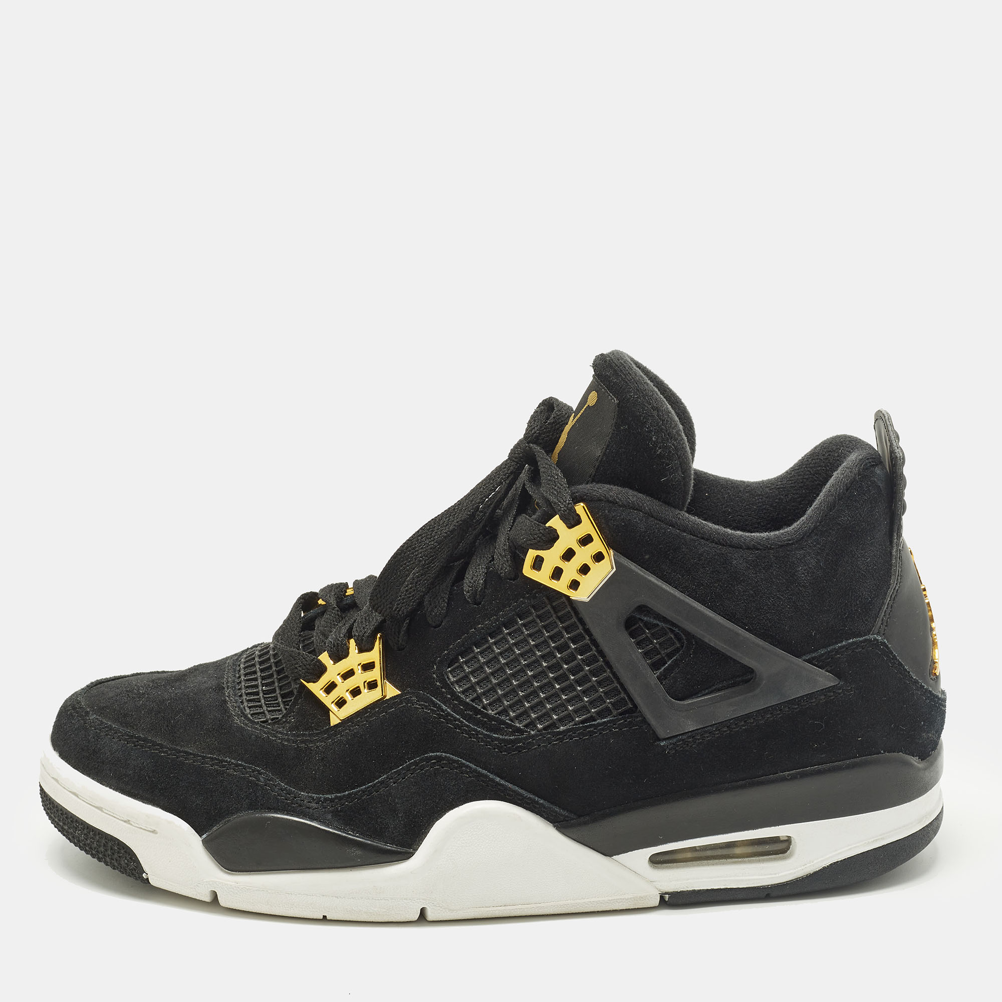 Click to view more detailed imagery on our partner's website Pre-owned Air Jordans 4 Retro Size 43 Black Leather And Suede Lace Up Sneakers