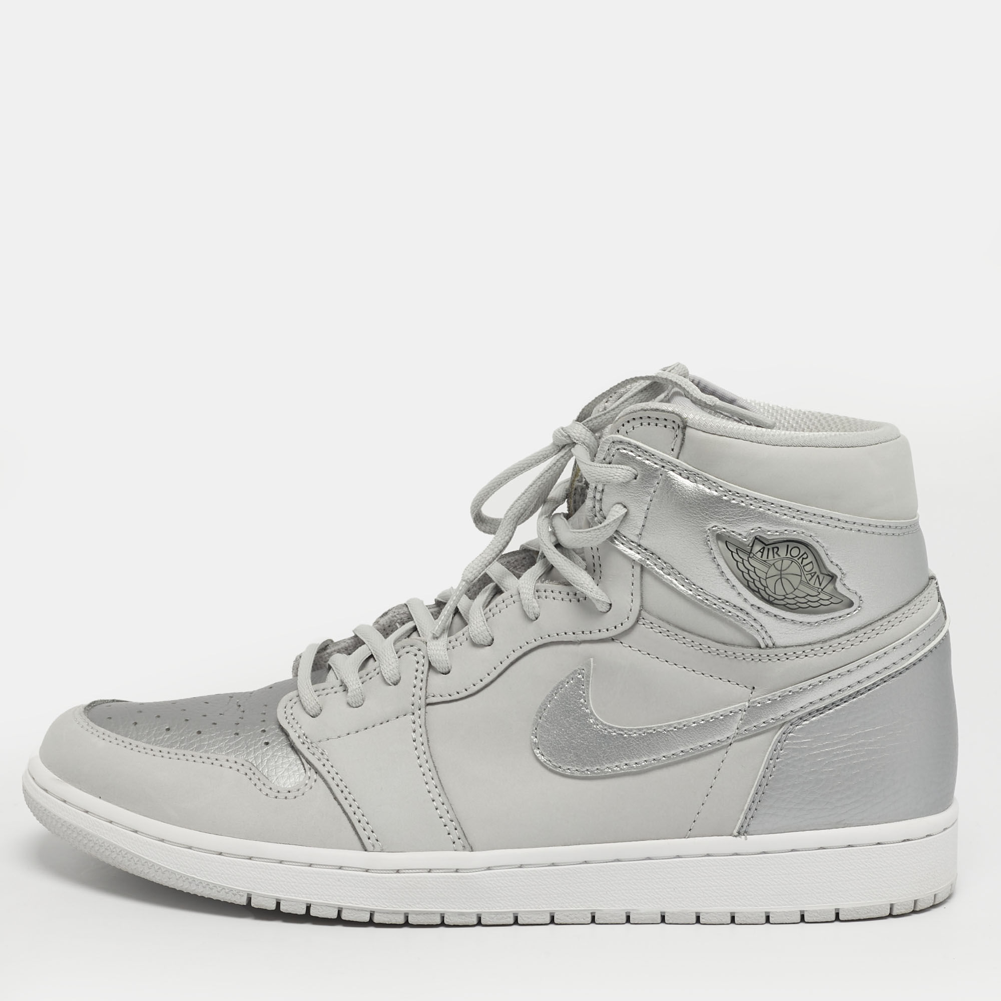 

Air Jordans Jordan 1 Retro CO.JP Neutral Grey Size 45.5 Grey/Silver Nubuck and Leather High Top Sneakers