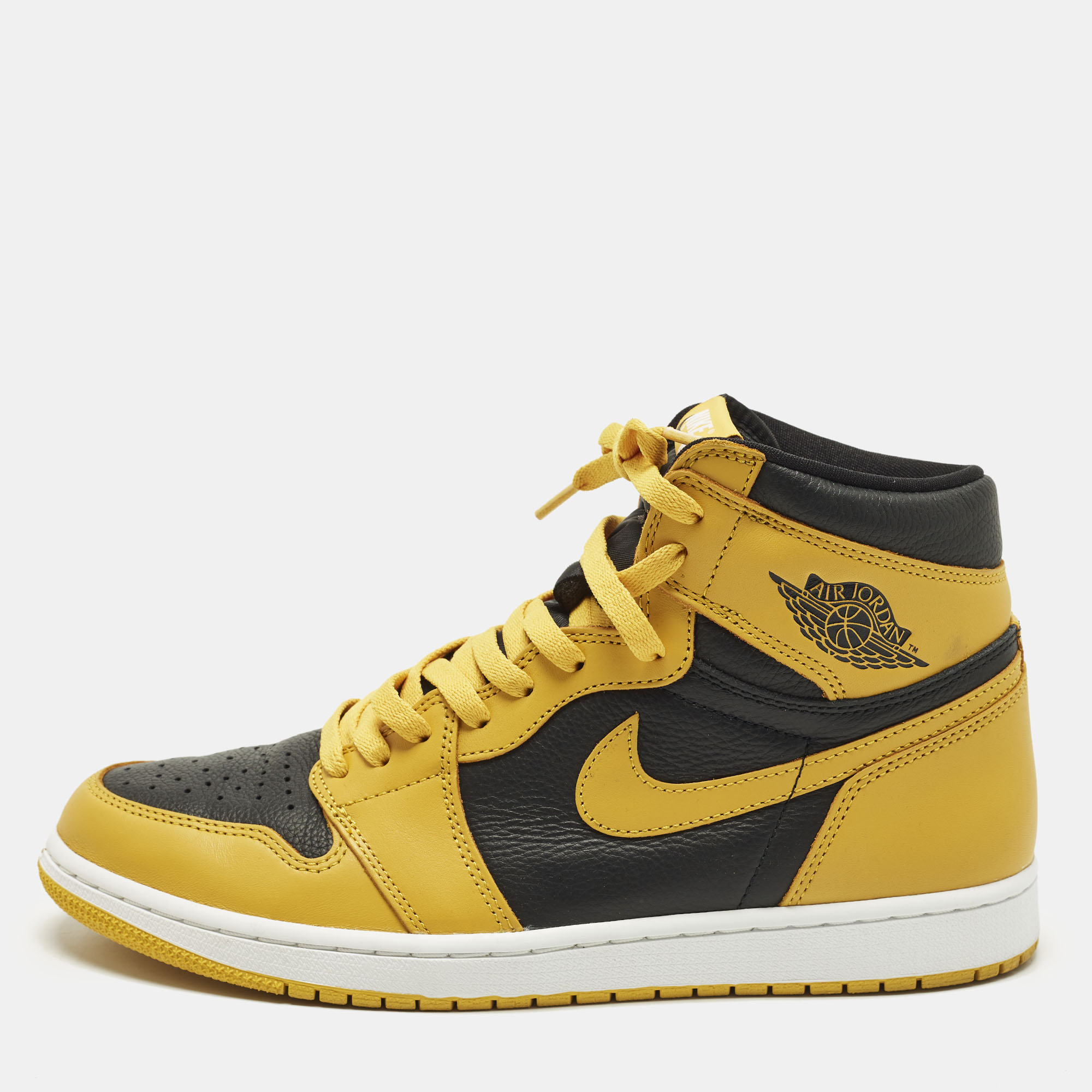 

Air Jordans Jordan 1 Retro Pollen Size 45.5 Yellow/Black Leather High Top Sneakers