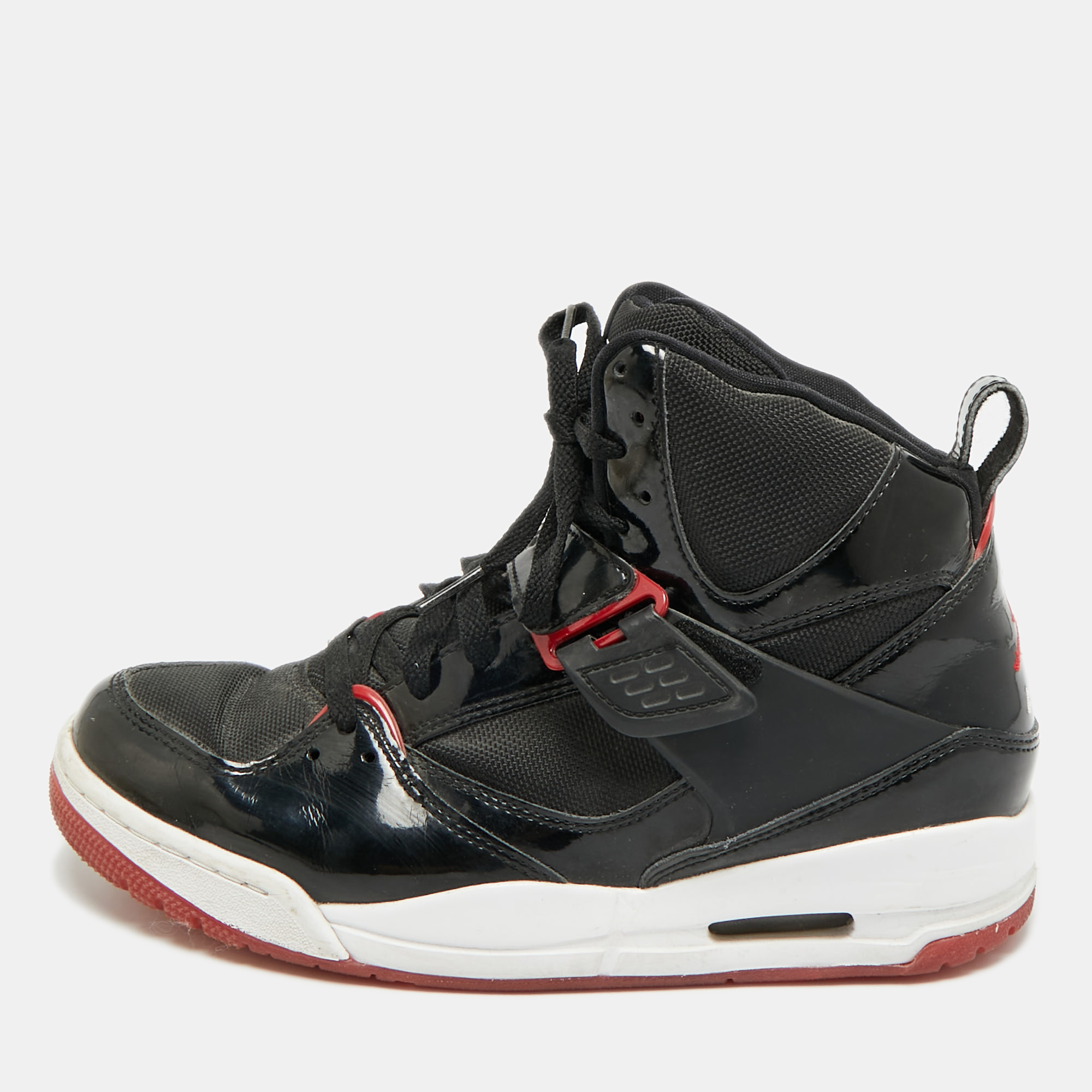 

Air Jordans Flight 45 Size  Black Fabric and Patent Leather High Top Sneakers