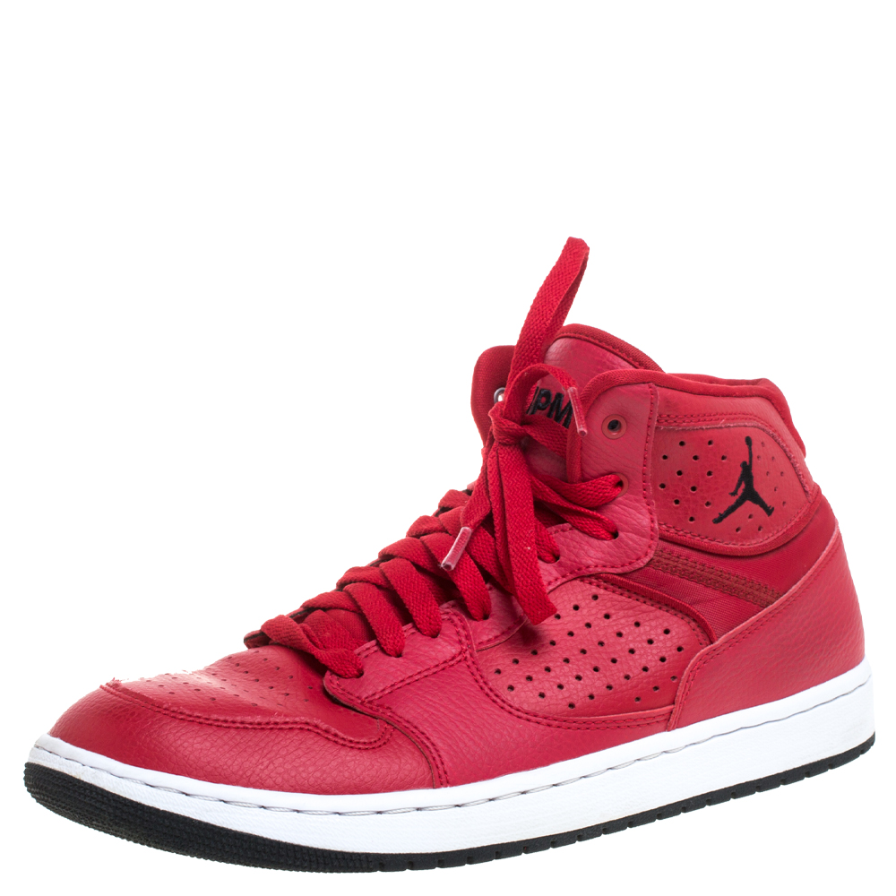 Pre Owned Jordan Red Perforated Leather Access Mid Sneakers Size 42