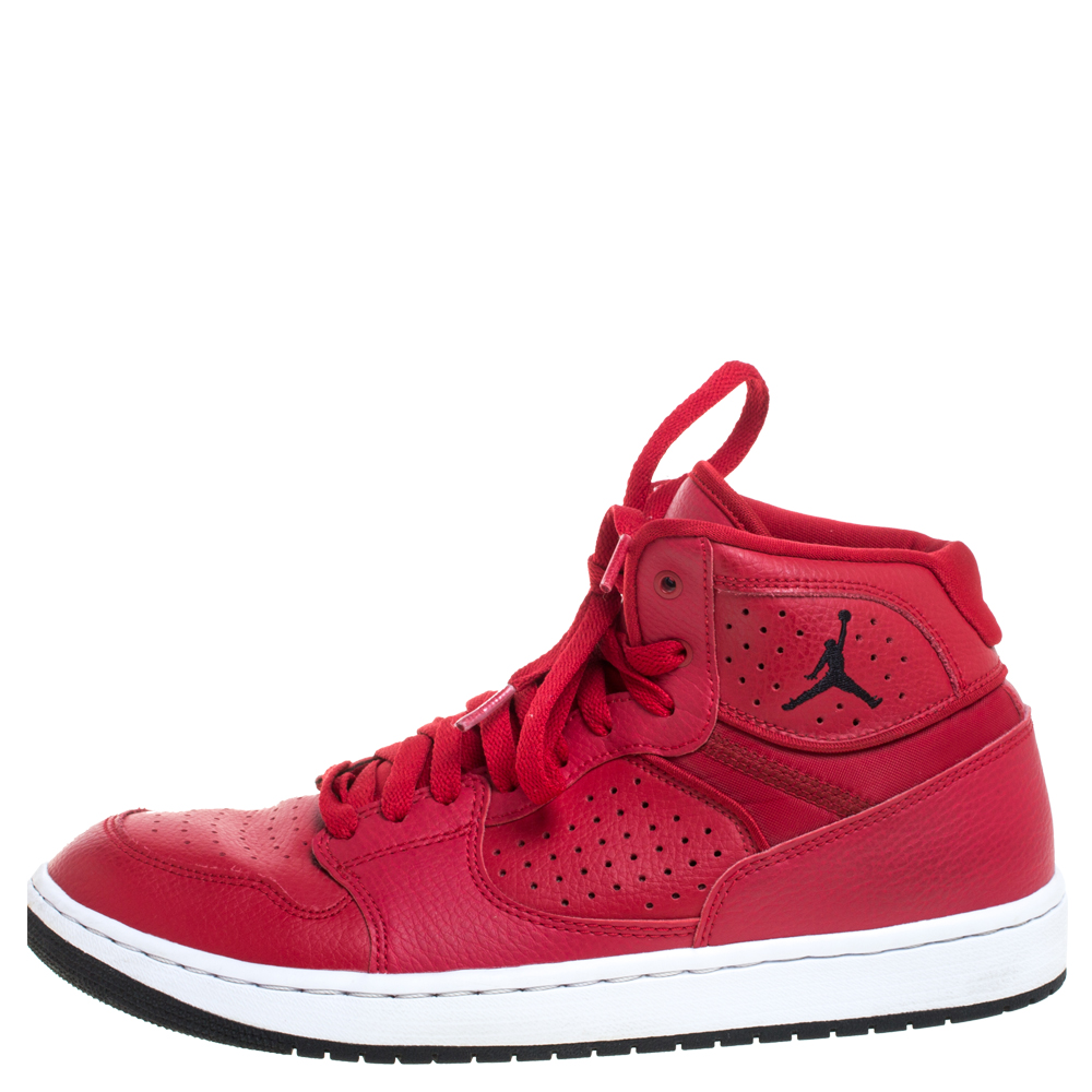 

Jordan Red Perforated Leather Access Mid Sneakers Size