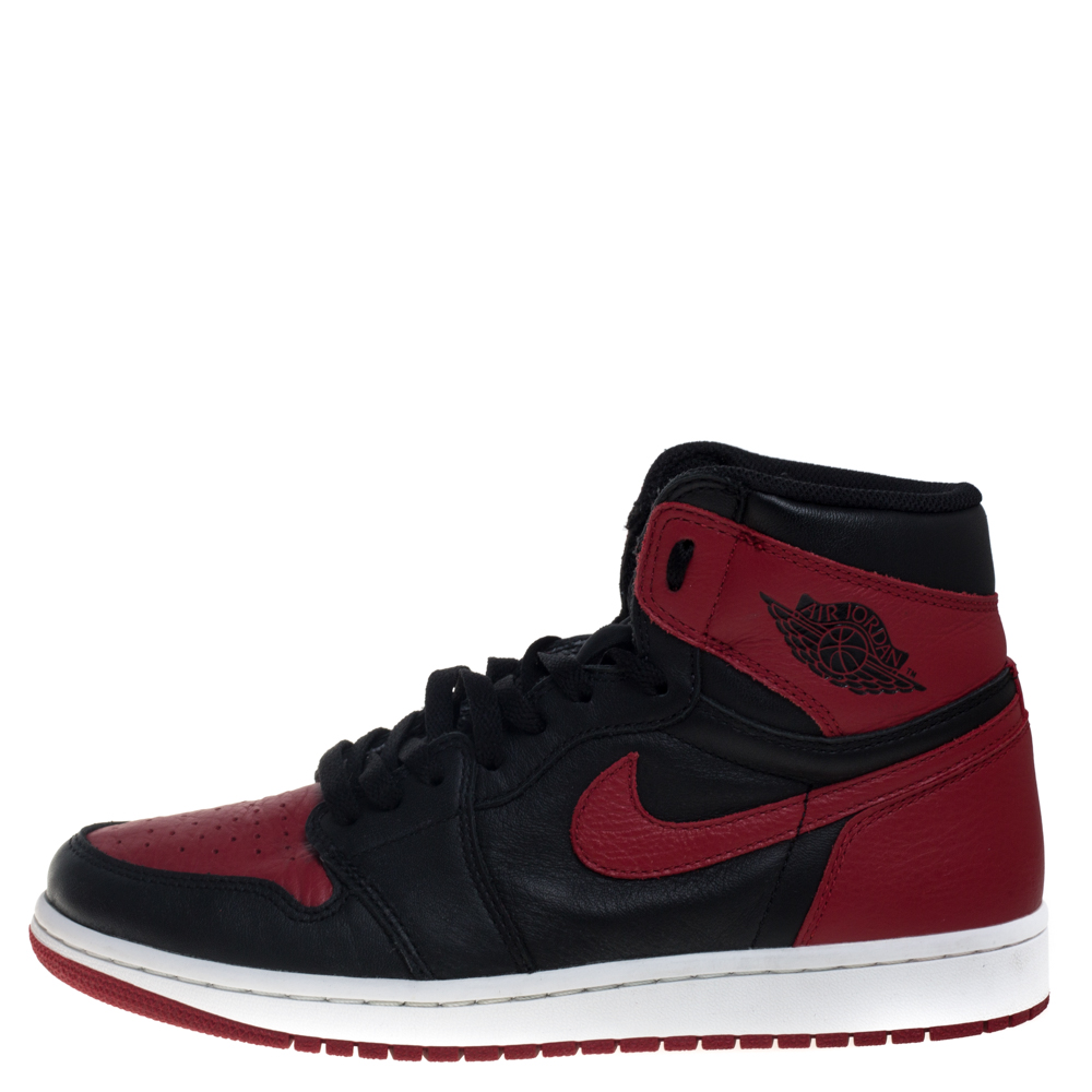 

Nike Black/Red Leather Air Jordan 1 Retro High Top Sneakers Size