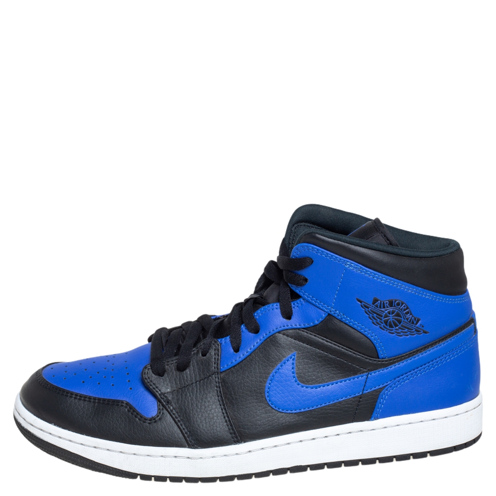 

Air Jordan Black/Blue Leather and Fabric 1 Mid Sneakers Size
