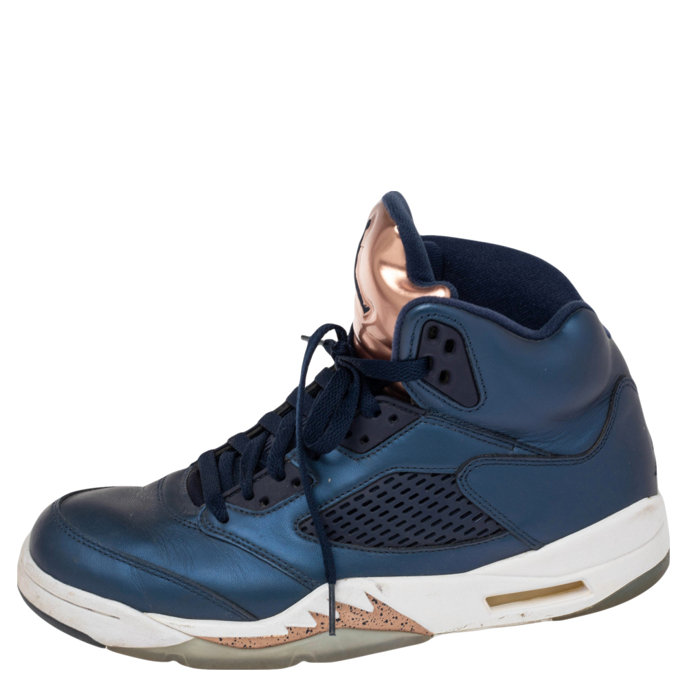

Air Jordan Metallic Blue/Bronze Leather Retro 5 Sneakers Size