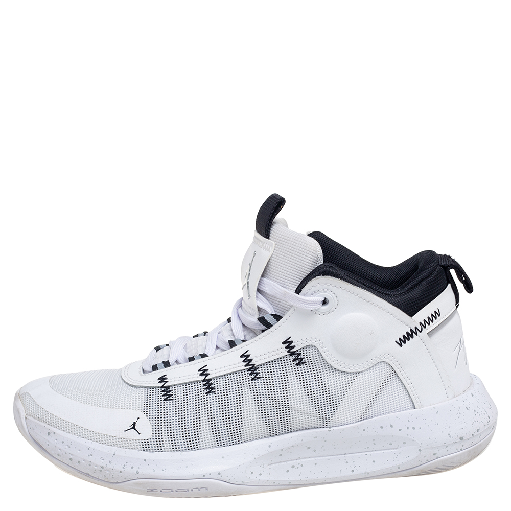 

Nike Air Jordan White/Black Leather And Mesh High Top Sneakers Size