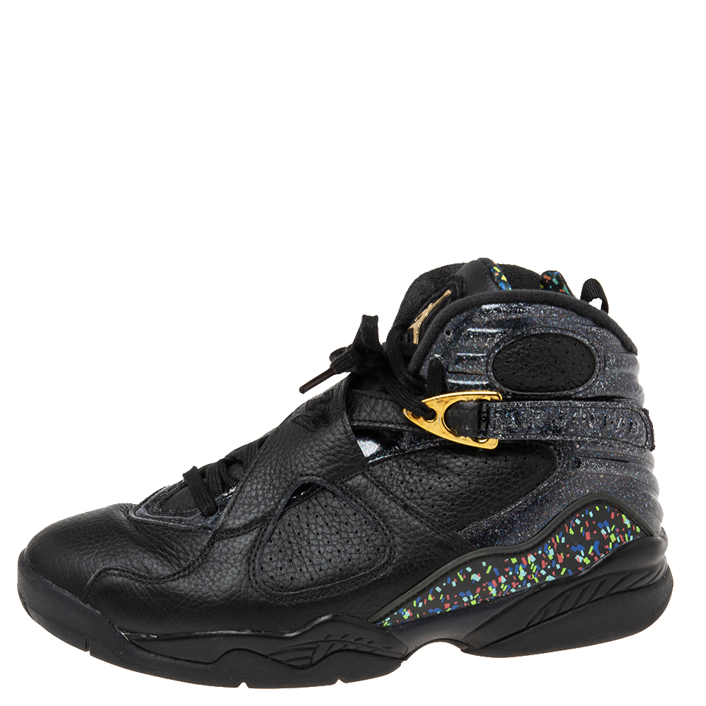 

Air Jordan Black Leather 8 Retro Confetti Sneakers Size