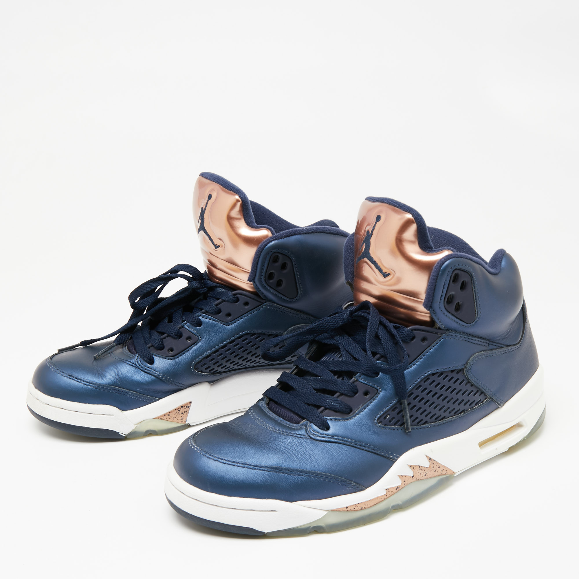 

Air Jordan Metallic Blue/Bronze Leather Retro 5 High Top Sneakers Size