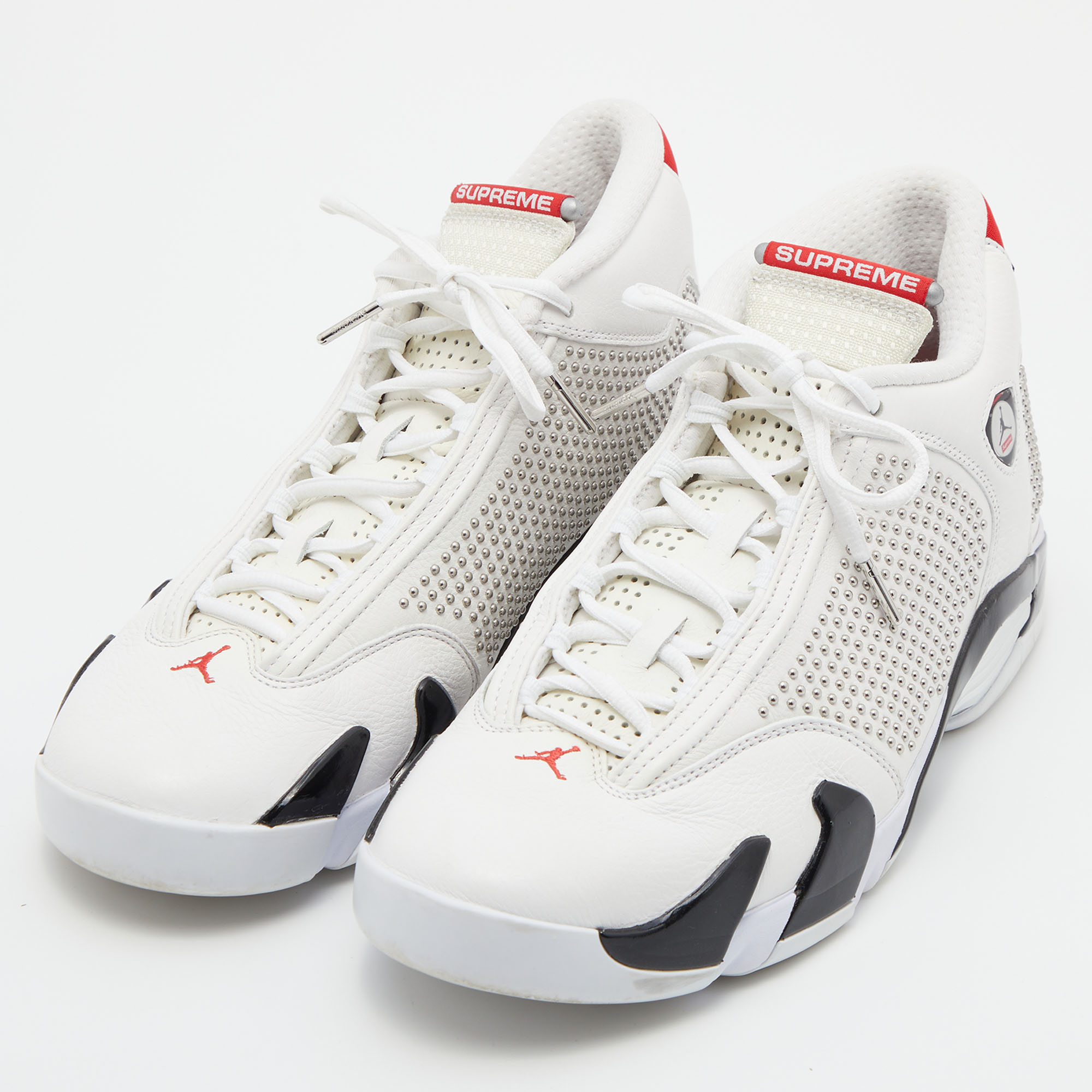 

Air Jordans x Supreme White/Black Leather 14 Retro Sneakers Size