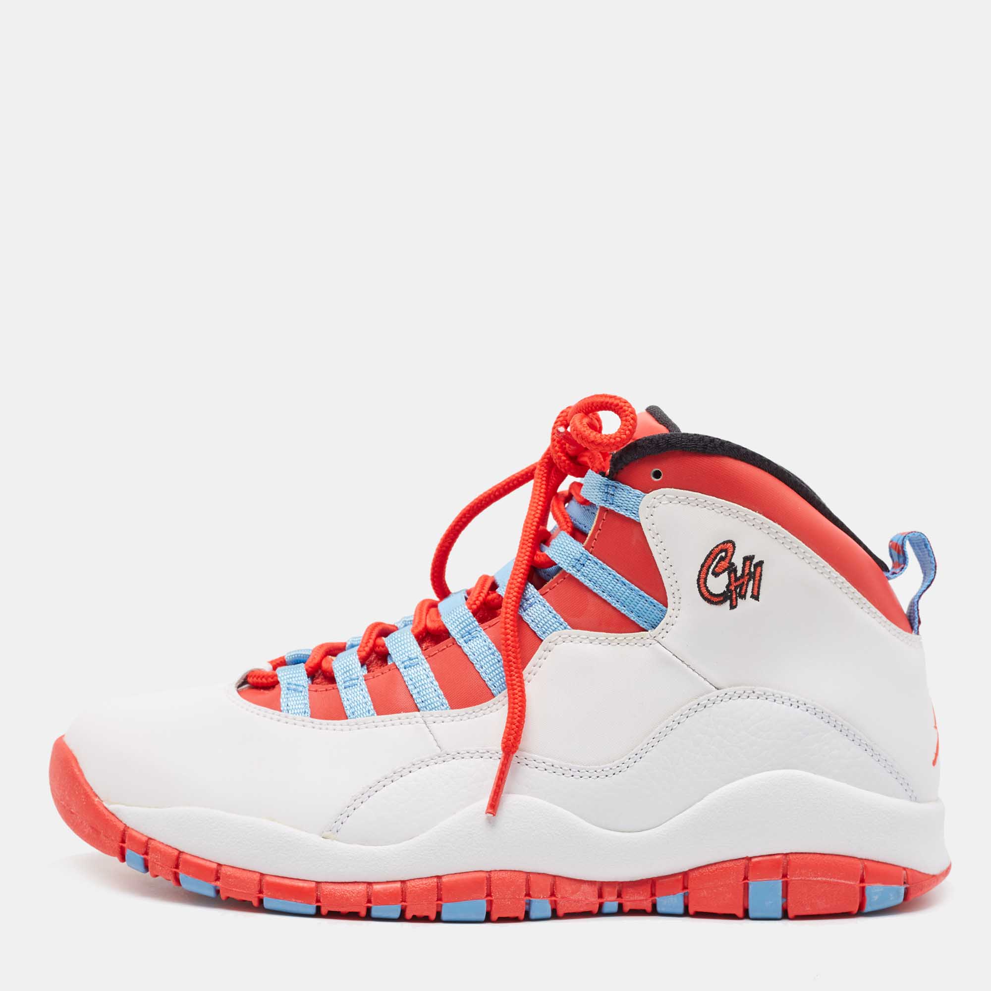 Pre Owned Air Jordans White/Red Leather Jordan 10 Retro Chicago Flag Sneakers Size 43 