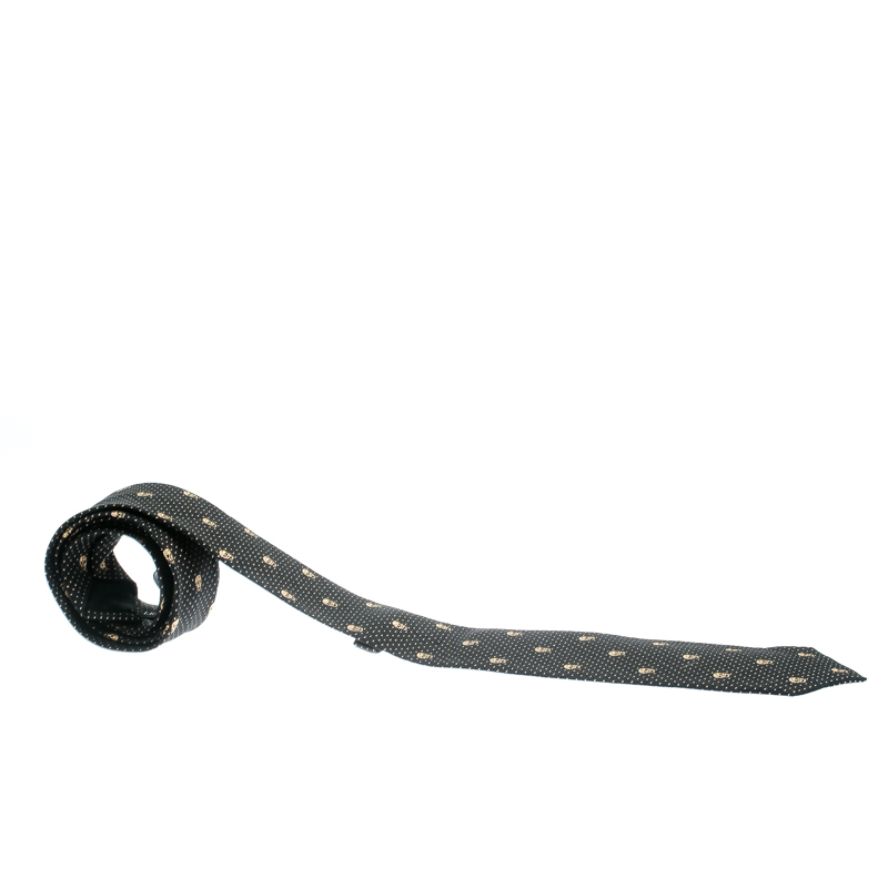 Pre Owned Alexander McQueen Black Metallic Dot and Skull Pattern Silk Jacquard Tie
