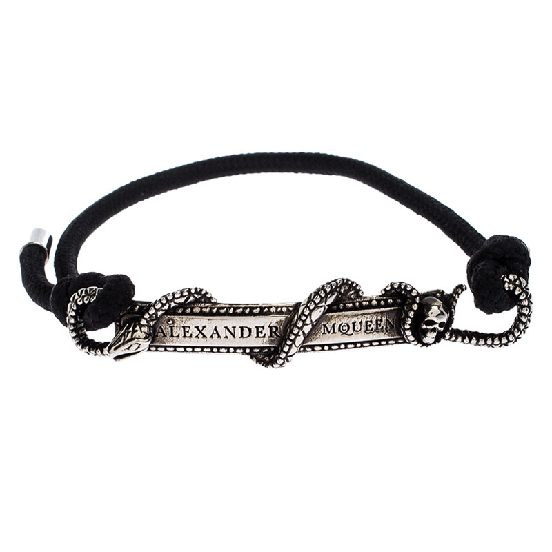 Pre Owned Alexander McQueen Silver Tone Logo Skull Snake Bar Bracelet