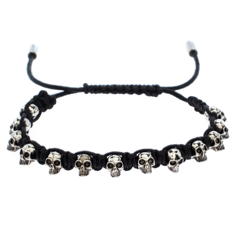 Pre Owned Alexander McQueen Silver Tone and Leather Skull Friendship Bracelet
