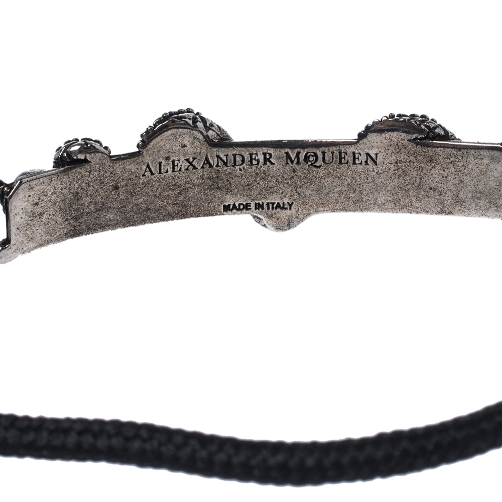 

Alexander McQueen Skull Snake Bar Antique Silver Tone Adjustable Cord Bracelet, Black
