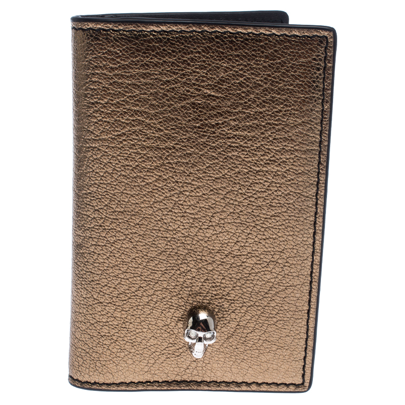 Pre Owned Alexander McQueen Gold Leather Skull Bifold Card Holder