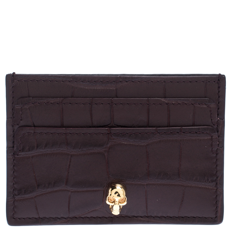 Pre Owned Alexander McQueen Dark Burgundy Crocodile Embossed Leather Skull Card Holder