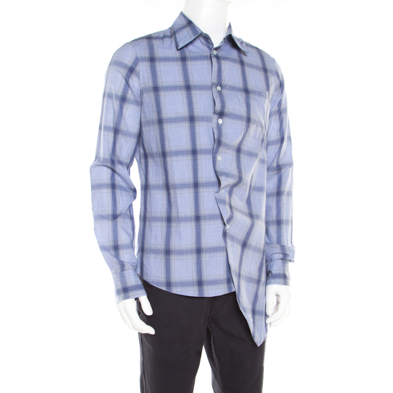 

Alexander McQueen Blue Cotton Tartan Plaid Asymmetric Hem Draped Shirt